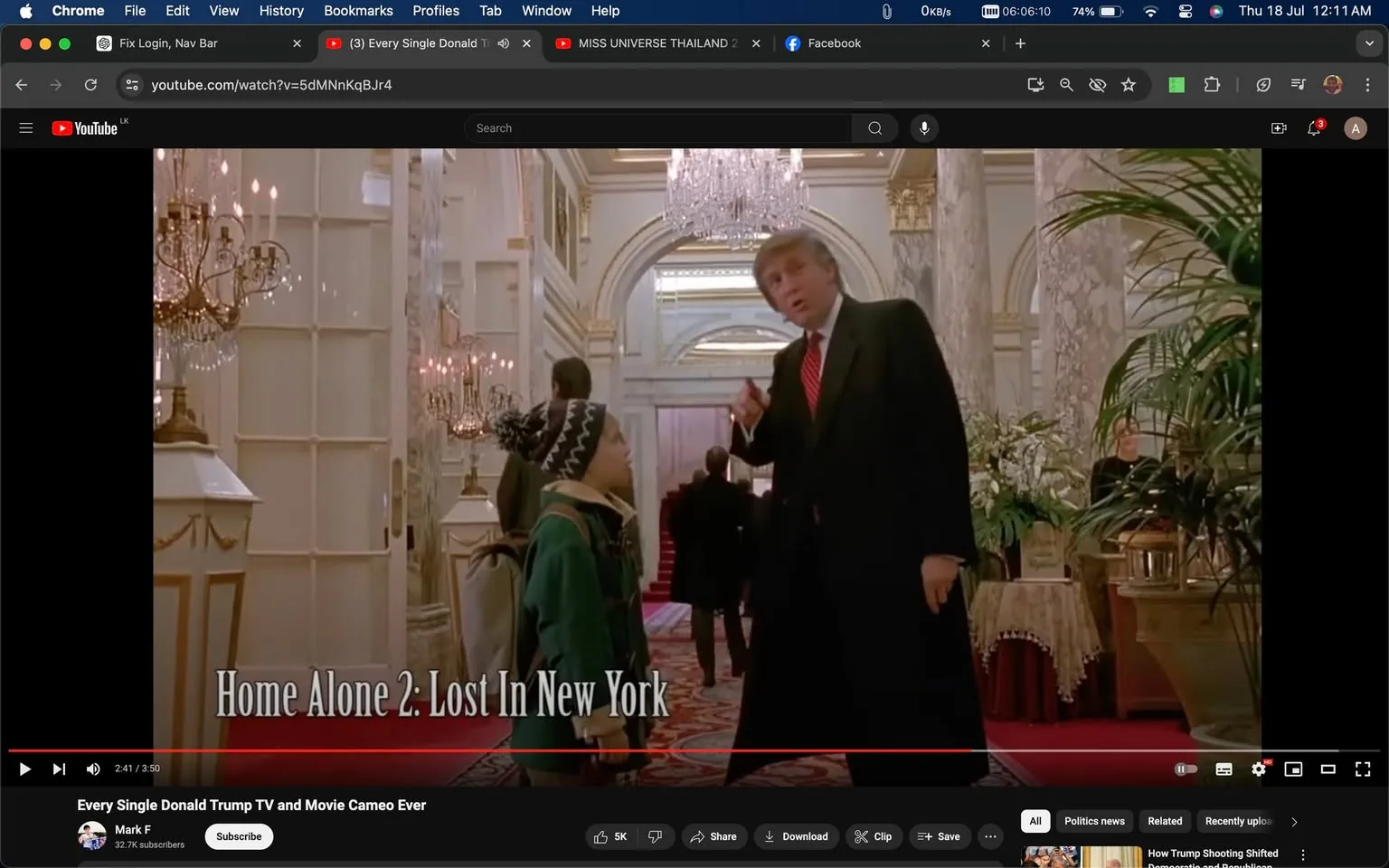 The image is a video frame from a YouTube video titled "Every Single Donald Trump TV and Movie Cameo Ever," featured on the channel "Mark F." The scene takes place in an opulent hotel lobby, recognizable from the movie "Home Alone 2: Lost In New York." The setting is luxurious, with a red carpet, marble columns, chandeliers, and lush plants enhancing the grandeur.
In the foreground, a man is wearing a dark overcoat and a red tie, interacting with a young boy dressed warmly in a green coat and a winter hat. This interaction suggests a moment of guidance or direction. The expression and gesture of the man suggest a conversational tone. The lighting is bright, highlighting the elegant decor and creating a warm and inviting ambiance.
On-screen text identifies this specific cameo as part of "Home Alone 2: Lost In New York." The video compiles appearances of Donald Trump in various films and shows, focusing on his well-known cameo roles.
