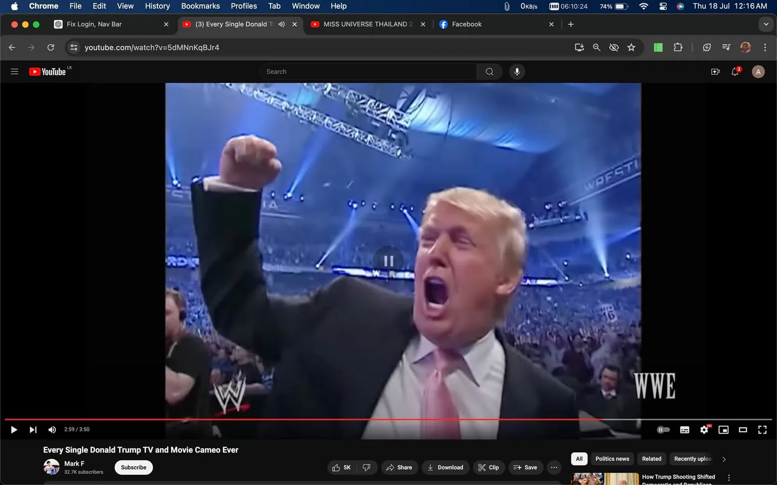 The image is a screenshot from a YouTube video titled "Every Single Donald Trump TV and Movie Cameo Ever," posted by the channel "Mark F." The scene features Donald Trump at a crowded event, likely related to WWE, as indicated by the "WWE" logo in the lower right corner. The background is filled with a large audience under bright, theatrical lighting, suggestive of a high-energy, indoor venue, possibly a stadium.
Donald Trump is prominently in the foreground, energetically raising his fist and appearing to yell or cheer. He is dressed in a suit with a light pink tie, projecting a dynamic and emphatic demeanor. The lighting above casts a bluish hue, adding to the dramatic atmosphere of the event. The image captures a moment of excitement and engagement, with Donald Trump actively participating in the event.
Title: "Every Single Donald Trump TV and Movie Cameo Ever"
Channel / profile: "Mark F"
Site / app: "YouTube"