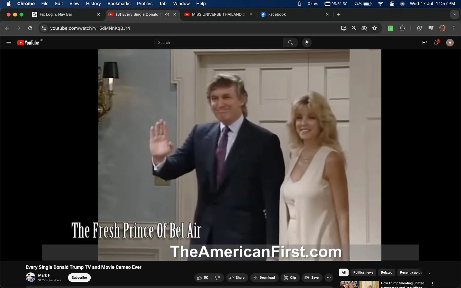 The image is a screenshot from a YouTube video titled "Every Single Donald Trump TV and Movie Cameo Ever," hosted on the channel "Mark F." It features Donald Trump making a cameo appearance in the television show "The Fresh Prince Of Bel Air." In the scene, Donald Trump is seen indoors, standing next to a woman. Both are smiling, with Donald Trump waving his hand. He is dressed in a formal dark suit with a white shirt and a purple tie, while the woman is wearing a white sleeveless dress. The setting suggests a formal or semi-formal event, typical of a sitcom environment. The lighting is bright and even, contributing to a polished, studio-like atmosphere. On-screen text includes "The Fresh Prince Of Bel Air" and "TheAmericanFirst.com," which are positioned towards the bottom of the image. The overall mood is lighthearted, fitting for a cameo in a popular TV series.
- Title: "Every Single Donald Trump TV and Movie Cameo Ever"
- Channel / profile: "Mark F"
- Site / app: "YouTube"
