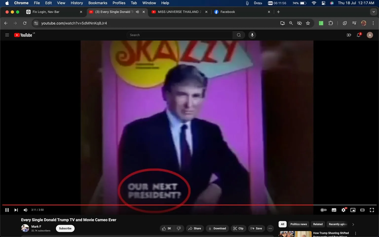 The image is a screenshot from a YouTube video titled "Every Single Donald Trump TV and Movie Cameo Ever" on the channel "Mark F." It features a retro-style poster with bold colors, primarily pink and yellow. The poster shows Donald Trump in a suit and tie, standing against a pink background. Above him, there's a stylized title or logo, partially visible, with "SKAZZY" in vibrant lettering. Below his image, in a red-bordered circle, the text reads "OUR NEXT PRESIDENT?" suggesting a playful or speculative tone about his future political role. The image is captured in a way that highlights the slogan, creating curiosity or humor in the context of the video's theme. The scene is well-lit, focusing on the poster and its text, with no additional background distractions. The overall composition emphasizes Donald Trump's presence and the speculative question about his political future.