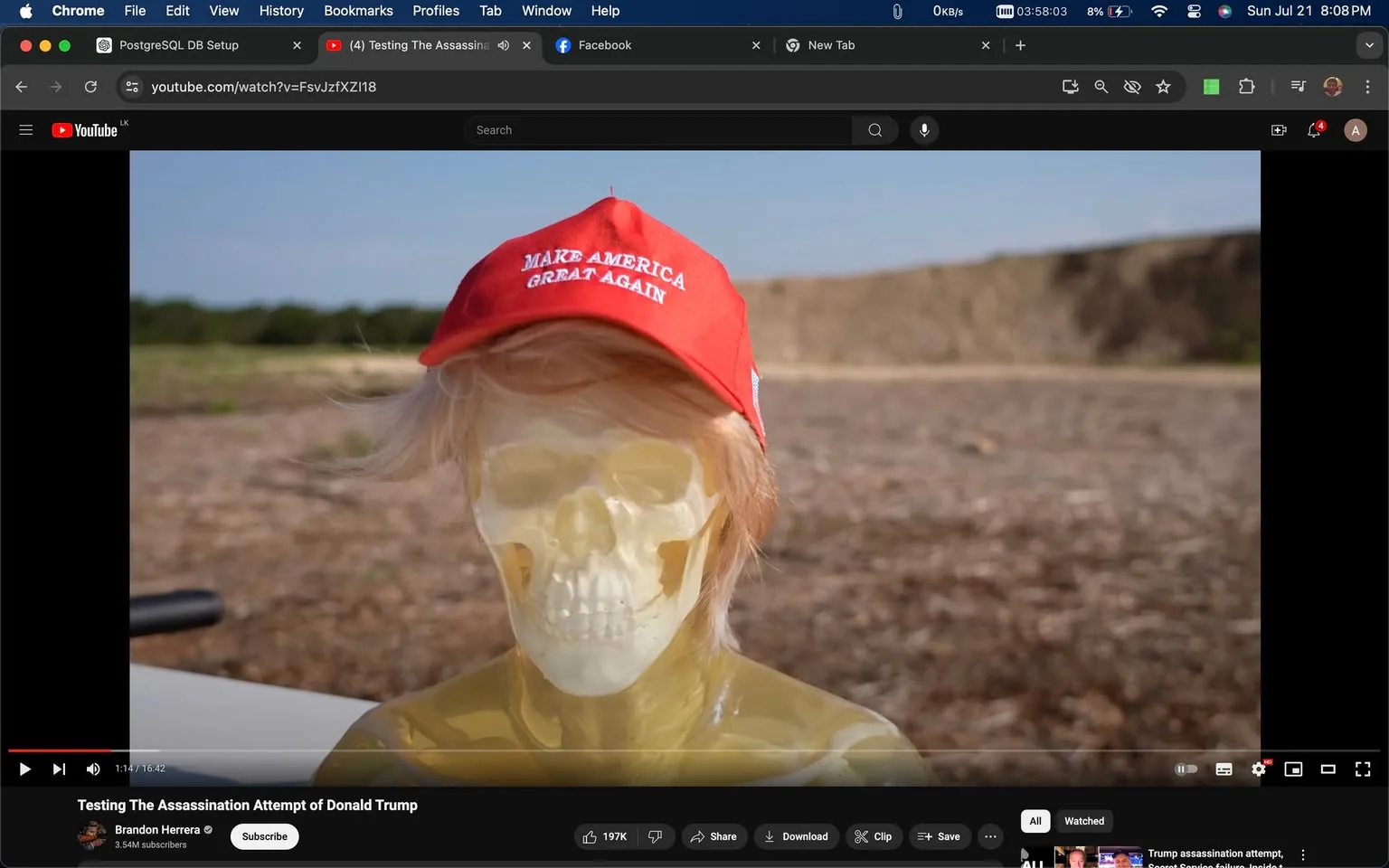 The image is a YouTube screenshot featuring a video titled "Testing The Assassination Attempt of Donald Trump" from the channel Brandon Herrera. The scene is set outdoors on what appears to be a dusty field. At the center of the frame is a mannequin or dummy designed with a visible skull through a transparent or translucent surface. The dummy is adorned with a red baseball cap emblazoned with the slogan "MAKE AMERICA GREAT AGAIN," associated with Donald Trump. The dummy also has artificial blonde hair, adding to a caricatured representation. The background is a nondescript landscape with a dirt ground and a blurry horizon of trees or distant hills. The lighting is natural, suggesting a daytime setting. This visual seems to be part of an experimental or demonstrative setup likely related to political commentary or satire.
- Title: "Testing The Assassination Attempt of Donald Trump"
- Channel / profile: "Brandon Herrera"
- Site / app: "YouTube"
