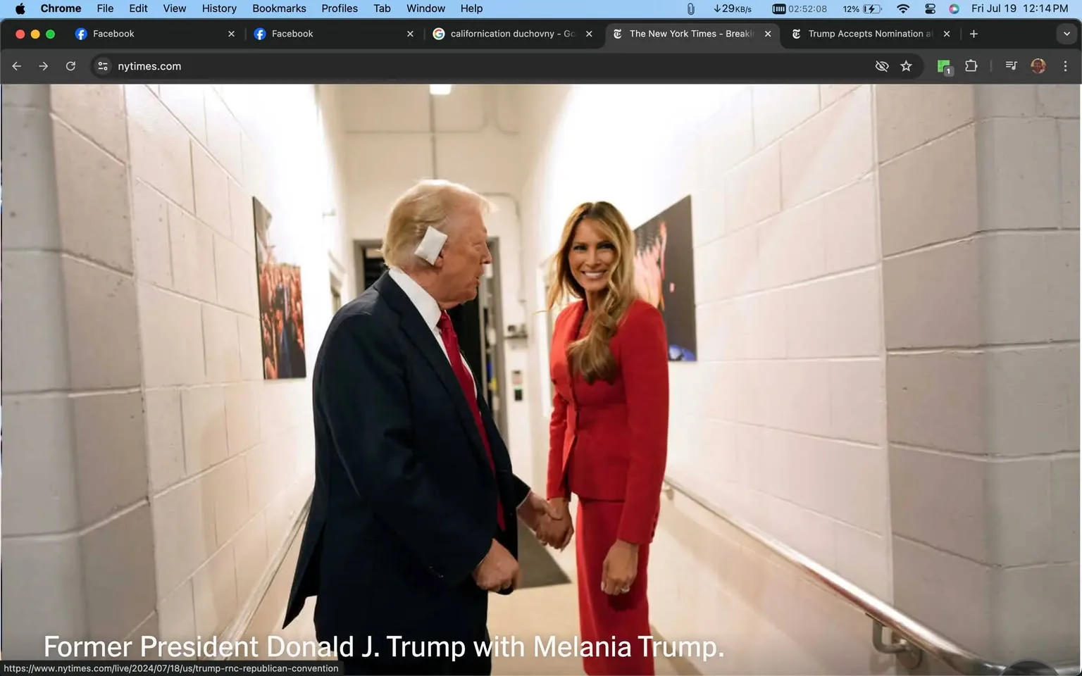 In this image, Donald Trump and Melania Trump are seen holding hands in a brightly lit corridor. Donald Trump is wearing a dark suit with a white shirt and red tie. Notably, he has a white piece of paper or tape on his ear. Melania Trump is dressed in a striking red outfit, with her long hair styled loosely. They both appear to be smiling, creating a warm and approachable atmosphere. The corridor is lined with framed photographs, and the walls are painted white brick, adding an institutional feel to the setting. The lighting is bright and even, illuminating the couple and the passageway. This image is likely taken at a significant public event, given the formal attire and the setting.
- Title: "Trump Accepts Nomination at Republican Convention"
- Site / app: "nytimes.com"
- Publisher: "The New York Times"
- Key OCR Lines: "Former President Donald J. Trump with Melania Trump."