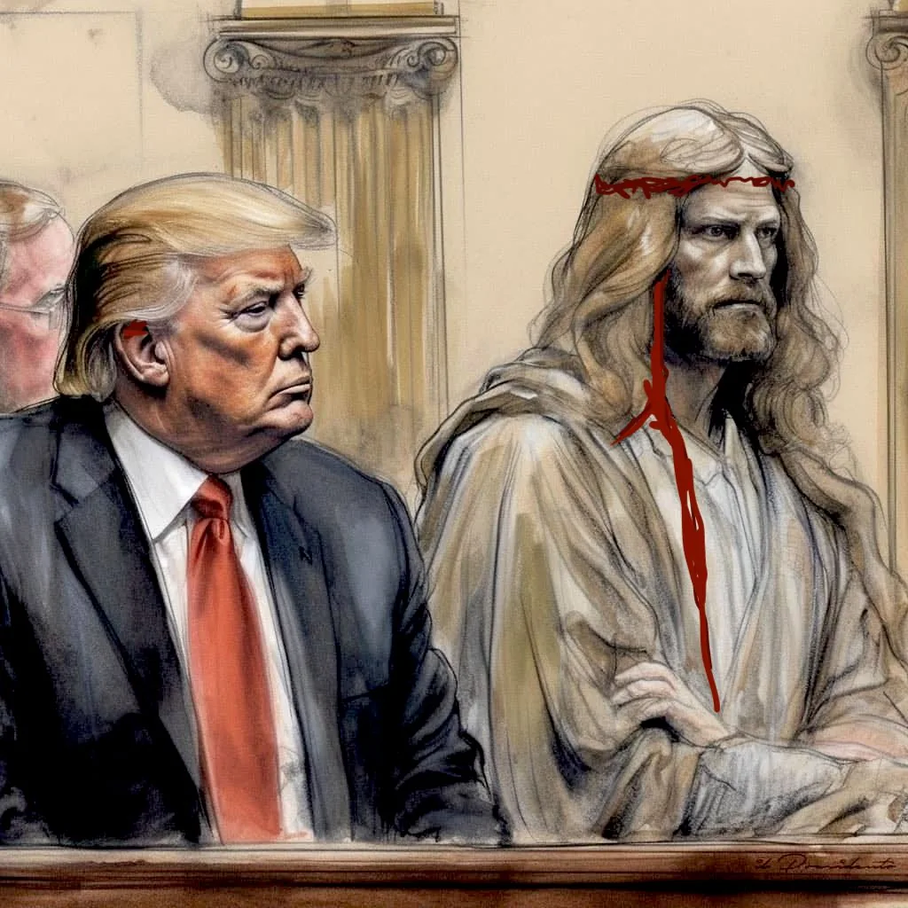 An illustration depicts Donald Trump sitting in a courtroom setting. He is seen in the foreground, wearing a dark suit with a white shirt and a red tie. His expression is serious and contemplative, as he sits with his hands clasped together. Next to him is a figure resembling the traditional depiction of Jesus, with long hair, a beard, and a crown of thorns. The figure is dressed in robes, and his expression appears solemn and thoughtful.
The setting is reminiscent of a formal courtroom, with ornate columns in the background, suggesting a sense of authority and tradition. The style is sketch-like, with soft shading and muted colors, creating a somber and reflective atmosphere. The composition places Donald Trump and the figure of Jesus side by side, prompting a juxtaposition of contemporary and historical iconography. The medium appears to be a combination of pencil and watercolor, enhancing the artwork's depth and texture.