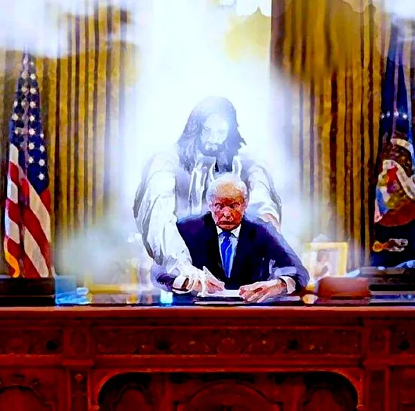 ```
1) Rich description: The image is an illustration featuring Donald Trump seated at a desk, presumably in an office that resembles the Oval Office. He is dressed in a dark suit and tie, concentrating as he signs a document. The scene is bathed in a dramatic, ethereal light emanating from a translucent, spiritual figure standing behind him. This figure, depicted with long hair and a white robe, appears to be guiding or supporting Trump as he writes. The room is richly detailed with elements reminiscent of a formal office setting, including American flags and ornate furniture. The mood is solemn and symbolic, blending political and spiritual themes through the use of light and composition. The artwork uses vibrant colors and a painterly style, emphasizing the otherworldly presence in the scene.
2) On-screen text block:
- Title: "..."
- Channel / profile: "..."
- Site / app: "..."
- Captions / subtitles: "..."