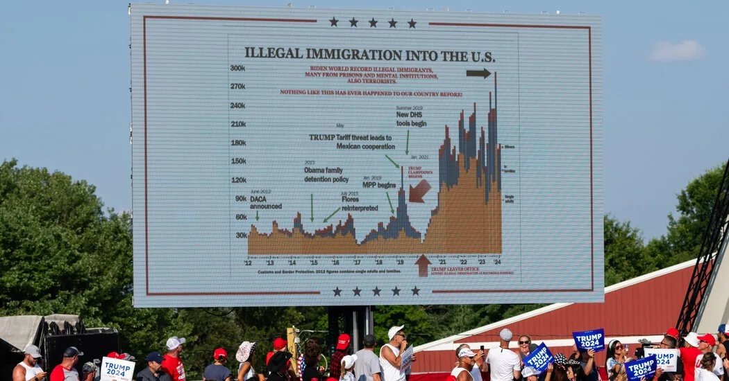 The image depicts an outdoor rally scene with a large billboard displaying a chart about illegal immigration into the U.S. The chart, titled "ILLEGAL IMMIGRATION INTO THE U.S.," highlights various data points and annotations related to immigration policies over time, mentioning political figures and events. The text includes references to "BIDEN WORLD RECORD ILLEGAL IMMIGRANTS" and "TRUMP Tariff threat leads to Mexican cooperation."
Below the billboard, a crowd of people is gathered. Many are wearing red hats and holding signs that say "TRUMP 2024," indicating this is likely a political rally supporting Trump. The attendees are dressed in casual summer clothing, suggesting a warm day. Trees and a clear blue sky are visible in the background, enhancing the outdoor setting of the event.
The billboard is central to the scene, its size and bright display attracting attention. The mood appears lively and engaged, with attendees looking up at the billboard or talking among themselves. The image captures a moment of political advocacy and public engagement.