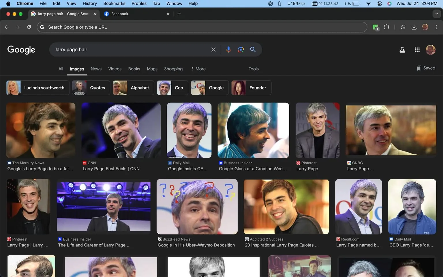 In this image, a Google Chrome browser window displays the search results for "larry page hair." The search results are populated with several images of Lawrence Page, showcasing different hairstyles and moments from various events. Lawrence Page appears mostly in formal attire, often smiling or speaking into a microphone, suggesting public appearances or interviews. The images include familiar settings like conferences, panel discussions, and candid moments, depicting him in both professional and relaxed environments. The background of the Google search page is typical, featuring the search bar at the top and options to filter results by categories like "Images," "Videos," and "News." The browser tab is titled "larry page hair - Google Search," and the top toolbar shows options like "File," "Edit," and "View," common in a macOS interface. This screenshot captures a moment of someone exploring different looks and public appearances of Lawrence Page through Google's search engine.