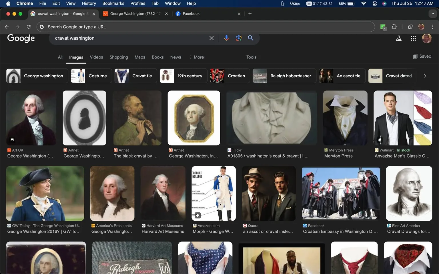 The screenshot displays a Google Image search for "cravat Washington," with an emphasis on historical depictions of George Washington. The user interface indicates a dark mode theme, typical of modern web browsers, with visible tabs and bookmarks along the top. The search results comprise various portraits and illustrations of George Washington, emphasizing his attire, particularly the cravat. Several images show Washington in classical portraiture with a white cravat, highlighting the fashion of his era. Some results depict modern interpretations and discussions related to cravats, including images of actors in period clothing and modern cravat styles. The browser setup features standard navigation and search tools, reflecting a typical desktop browsing experience during an image search.
- Title: "cravat washington - Google Search"
- Site / app: "Google"