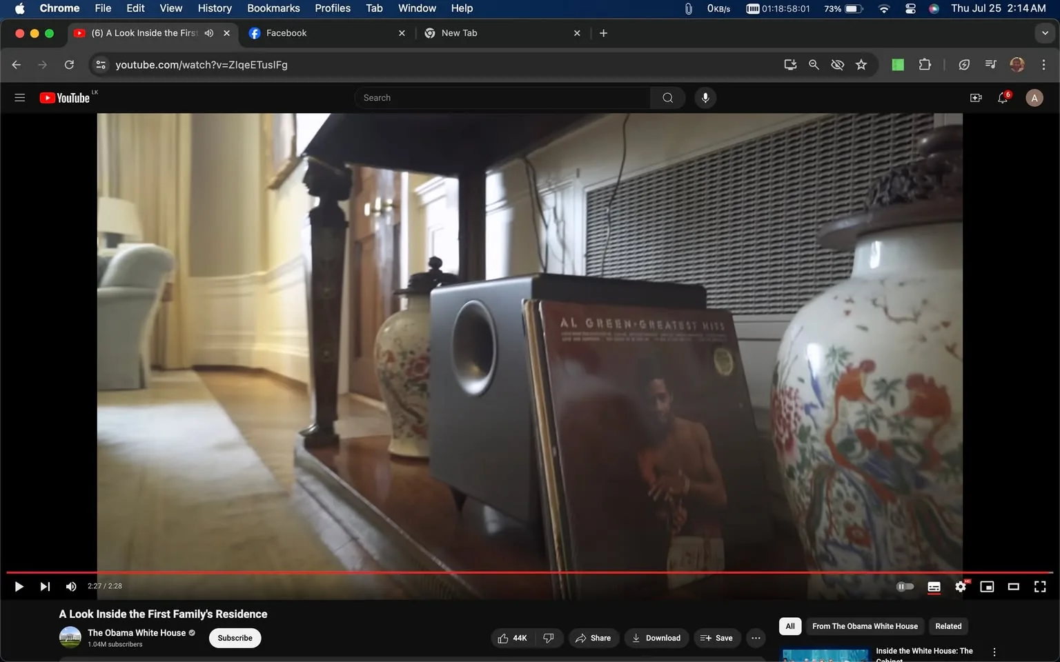 The screenshot is from a YouTube video titled "A Look Inside the First Family's Residence," published by "The Obama White House" channel. The focus of the image is on a small section of an interior space, likely part of the residence of former President Obama. Prominently displayed is the "Al Green-Greatest Hits" album, leaning against a speaker. The album cover features a photo of Al Green, adding a musical and personal touch to the room.
The setting includes a polished wooden surface on which the album and a decorative vase are placed, indicating a blend of modern and classic decor. The background reveals part of a sophisticated living area, with a plush chair and elegant wall paneling, suggesting a warm and inviting atmosphere. The overall lighting is soft, creating a serene and comfortable mood.
- Title: "A Look Inside the First Family's Residence"
- Channel / profile: "The Obama White House"
- Site / app: "YouTube"