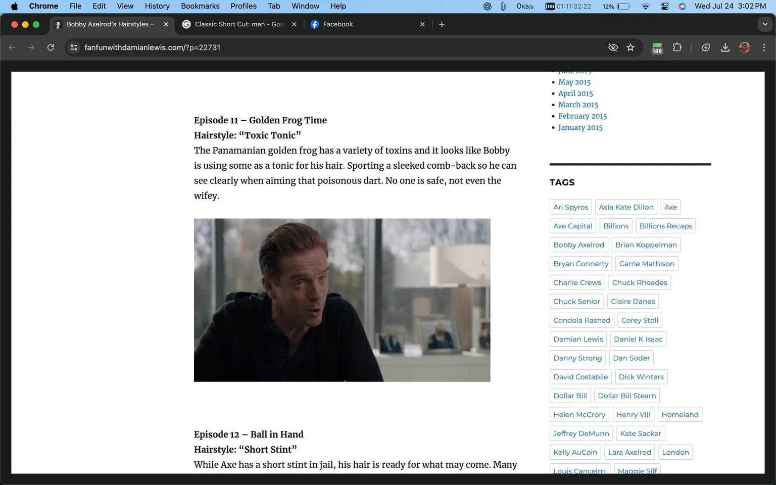 In this screenshot from the website fanfunwithdamianlewis.com, the focus is on Damian Lewis portraying the character Bobby Axelrod from the Showtime series "Billions." The page discusses various hairstyles of the character, specifically describing the "Toxic Tonic" look in Episode 11 titled "Golden Frog Time." Damian Lewis is seen in a scene set in an office environment, sitting at a desk. The lighting is natural, coming through large windows in the background, adding a bright and open feel to the scene. His hair is styled in a sleek comb-back, fitting the description provided. He appears to be engaged in a conversation, showing a focused and serious expression. The surrounding decor is minimalistic, with a lamp and some framed photos visible, contributing to the professional atmosphere of the setting. The webpage also features topic tags like "Axe," "Bobby Axelrod," and "Billions," indicating a focus on the character's role and appearance within the show.
