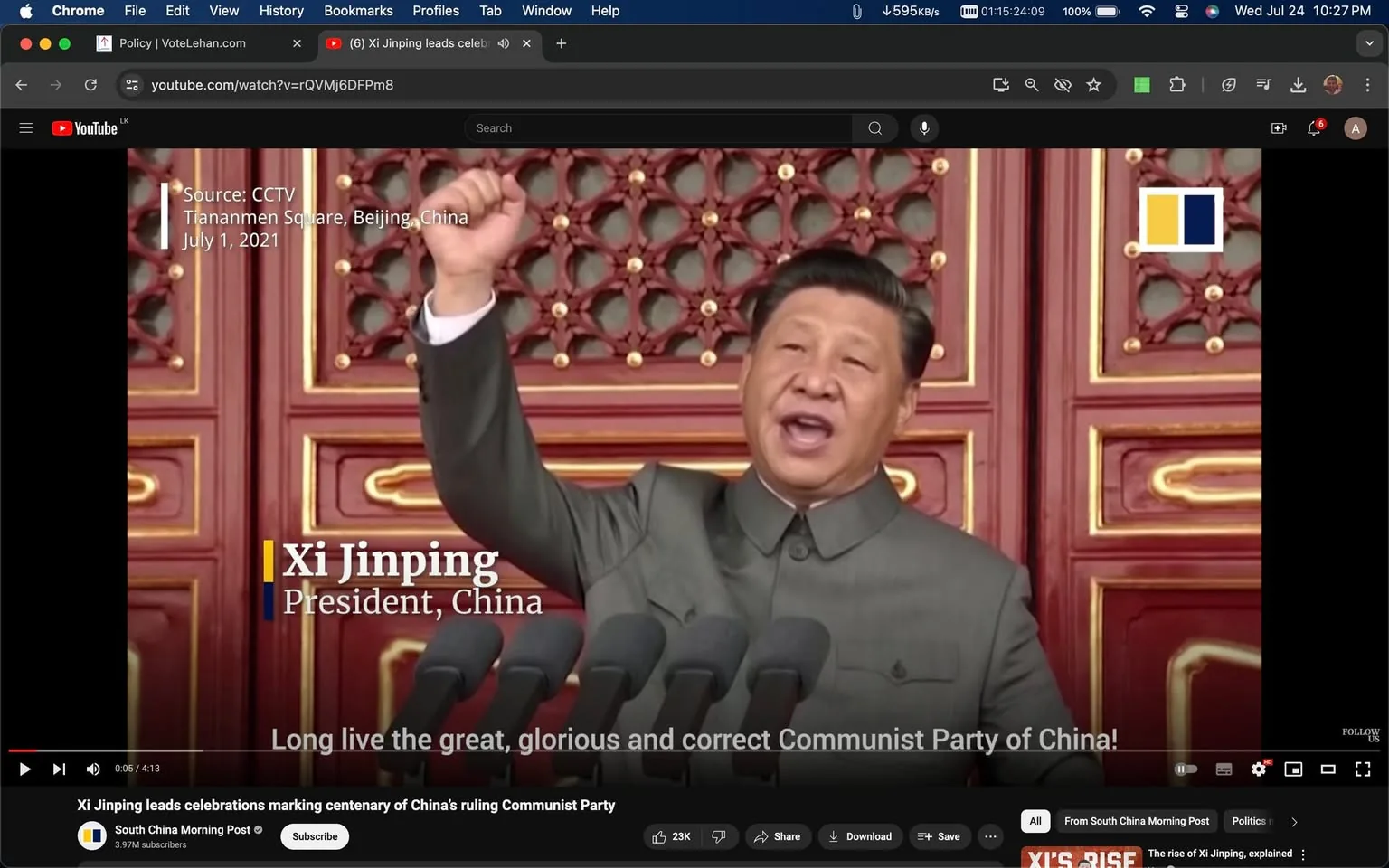 Xi Jinping is shown delivering a speech in this video frame, captured from a YouTube video. The setting is outdoors at Tiananmen Square in Beijing, China, on July 1, 2021, to commemorate the centenary of the Communist Party of China. Xi Jinping, identified by the hint, appears animated, raising his fist as if emphasizing his words. He is dressed in a traditional dark suit, standing in front of an ornately decorated backdrop featuring intricate red and gold designs. Multiple microphones are positioned in front of him, indicating the formal and public nature of the event. The video frame includes on-screen text identifying Xi Jinping as the President of China. The source of the footage is CCTV.
The title of the video, "Xi Jinping leads celebrations marking centenary of China's ruling Communist Party," is prominently visible, attributed to the South China Morning Post channel on YouTube. Subtitles in the image read, "Long live the great, glorious and correct Communist Party of China!" The mood conveyed is one of national pride and celebration, fitting the context of the event.