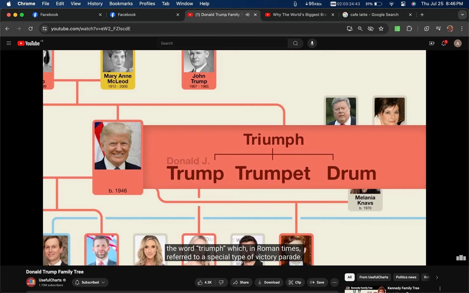 The image is a screenshot from a YouTube video titled "Donald Trump Family Tree" by the channel "UsefulCharts." It features a segment of a family tree diagram focusing on Donald J. Trump and his lineage. The diagram is color-coded in shades of red and orange, and it includes photos and names of family members. Donald J. Trump's section is prominently displayed with a photograph of him, highlighting his birth year as 1946. Above his name, the diagram explores etymological variations like "Triumph," "Trumpet," and "Drum."
To the left, the names Mary Anne McLeod and John Trump are visible, likely representing his parents. To the right is Melania Knavs, marked with her birth year, 1970. The background is a neutral beige, emphasizing the colored segments that link family members. The lower part of the image includes smaller photos and names of other family members, such as Jared Kushner and Lara Trump, indicating relationships through marriage.
On-screen captions provide historical context to the name "triumph," referring to its Roman origins as a victory parade. The video appears to be educational, aiming to explain the genealogy and historical significance of the Trump family name.
- Title: "Donald Trump Family Tree"
- Channel / profile: "UsefulCharts"
- Site / app: "YouTube"
- Captions / subtitles: "the word 'triumph' which, in Roman times, referred to a special type of victory parade."