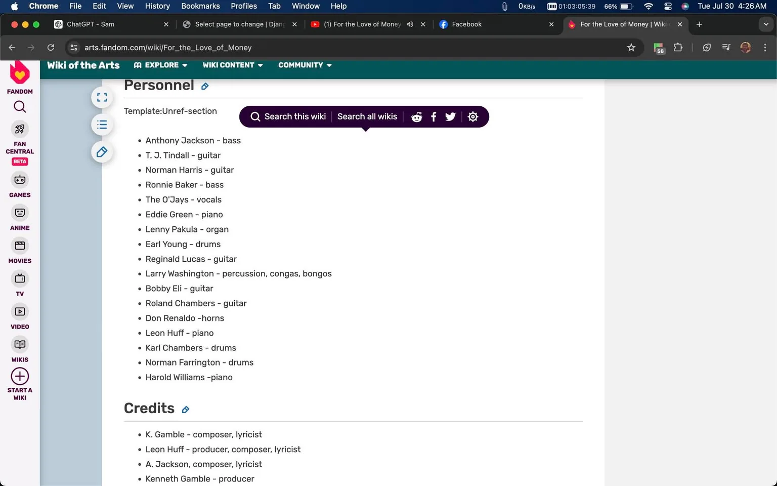 The screenshot shows a page from the Fandom website, specifically the "For the Love of Money" wiki entry. The page displays a list of personnel involved in the music piece "For the Love of Money." The text is structured in a simple list format, detailing various musicians and their respective instruments. Key individuals include Anthony Jackson on bass, T. J. Tindall on guitar, and The O'Jays on vocals, among others. The page also lists credits for composers and producers like K. Gamble and Leon Huff. The website is designed with a clean, straightforward layout, with a search bar prominently displayed above the list. The page's background is predominantly white, allowing for clear readability of the text. The Fandom logo and navigation options are visible on the left side, reflecting the site's typical interface. The screenshot captures a section of the page that focuses on personnel and credits related to the song.