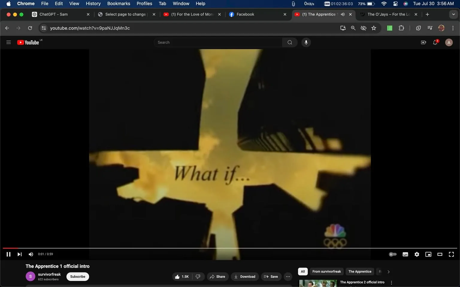 The image is a screenshot from a YouTube video titled "The Apprentice 1 official intro," uploaded by the channel "survivorfreak." This screenshot captures the intro sequence of the TV show "The Apprentice," as indicated by the on-screen text and the hint provided. The background features a silhouette of skyscrapers set against a backdrop of a golden sky, creating a dramatic and intriguing atmosphere. In the center of the image, the text "What if..." is prominently displayed, hinting at the show's theme of exploring possibilities and challenges. The NBC logo is visible in the bottom right corner, indicating the network that aired the show. The overall color scheme is warm, with golden and black tones, enhancing the sense of ambition and opportunity associated with the series. This introductory moment sets the stage for the competitive and high-stakes nature of "The Apprentice," a reality TV show focused on business challenges.