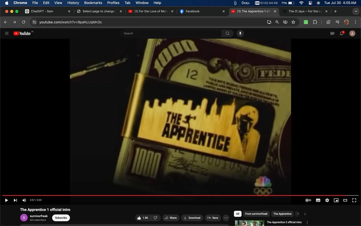 The image is a screenshot from the YouTube video titled "The Apprentice 1 official intro," uploaded by the channel "survivorfreak." It features an introductory sequence for the television show "The Apprentice." The primary visual element is a stylized logo of "The Apprentice" overlaid on a background resembling a large denomination currency note, suggesting themes of business and finance. The logo features a silhouette of a city skyline, emphasizing an urban business setting, and in the foreground, a figure holding a briefcase, symbolic of professional ambition and competition. The color palette is dominated by gold, black, and sepia tones, creating a sophisticated and dramatic mood. The NBC logo is visible in the corner, indicating the network associated with the show. The overall design conveys a sense of high stakes, aligning with the competitive nature of "The Apprentice."
- Title: "The Apprentice 1 official intro"
- Channel / profile: "survivorfreak"
- Site / app: "YouTube"