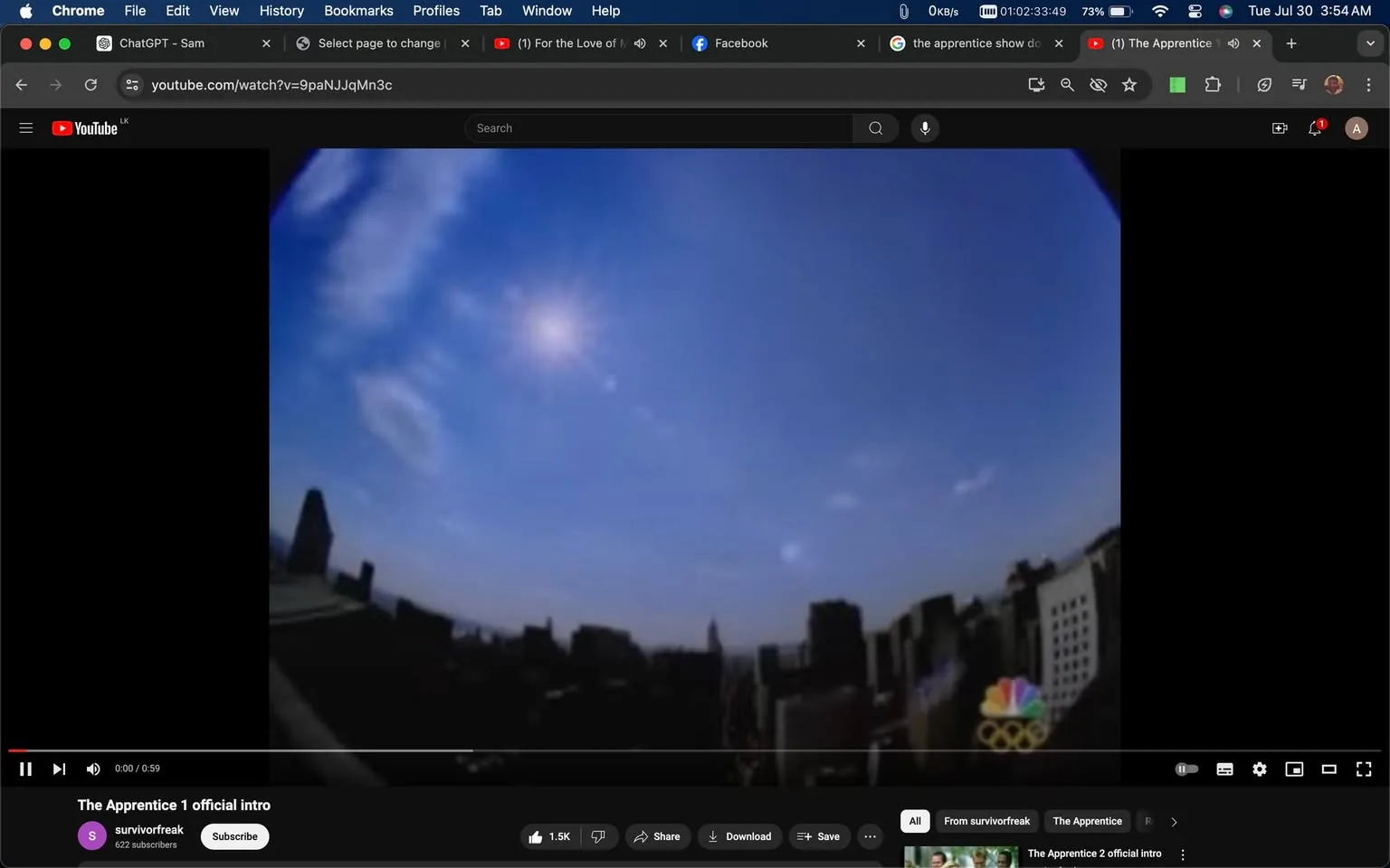 The screenshot captures a scene from the intro sequence of "The Apprentice," a reality TV show. It shows a cityscape under a blue sky with scattered clouds, suggesting a daytime setting. The view is wide-angled, capturing a skyline that includes several distinct buildings. The sun is visible, creating a bright and clear atmosphere. In the lower corner, the NBC logo is visible, emphasizing the show's network. The YouTube page indicates the video title as "The Apprentice 1 official intro," uploaded by the channel "survivorfreak," which has 622 subscribers. The like count for the video shows 1.5K, suggesting its popularity among viewers. This opening sequence sets the stage for the competitive and professional tone of "The Apprentice," focusing on ambition and business environments. The visual style is crisp, typical for television intros meant to capture attention instantly.
- Title: "The Apprentice 1 official intro"
- Channel / profile: "survivorfreak"
- Site / app: "YouTube"