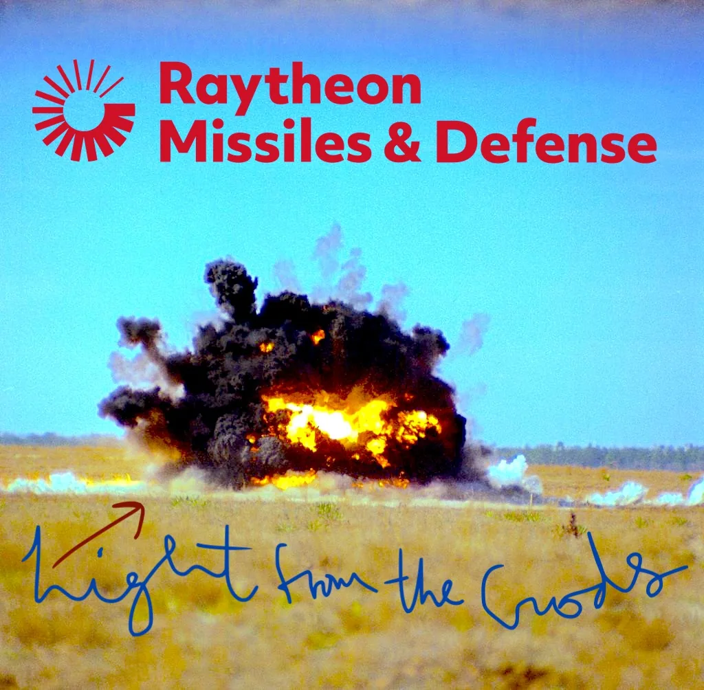 The image features a dramatic outdoor scene with a large explosion in the center, set against a clear blue sky and a grassy field in the background. The explosion emits bright flames and thick clouds of black smoke, capturing a moment of intense energy. In the upper part of the image, the text "Raytheon Missiles & Defense" is prominently displayed in red, with a logo on the left. This branding suggests a connection to military or defense initiatives. Below the explosion, the text "Hight from the Croods" is written in a handwritten-style blue font, creating an interesting juxtaposition between the serious nature of the explosion and the reference to "The Croods," an animated film. This combination of elements possibly implies a thematic or metaphorical link between the concepts of defense and animation, though the exact context remains open to interpretation. The overall composition effectively contrasts the harshness of the explosion with the playful typography associated with animation.