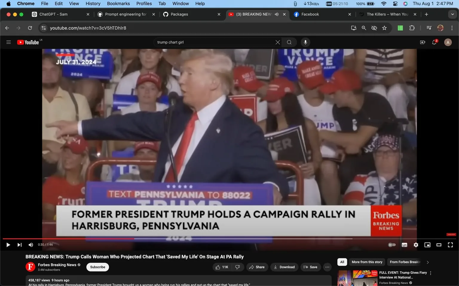 Former President Trump is captured in this screenshot during a campaign rally, taking place in Harrisburg, Pennsylvania. The event seems energetic, with Trump actively gesturing while speaking to the crowd. He is dressed in a dark suit with a white shirt and a vivid red tie, standing behind a podium that has text urging people to "TEXT PENNSYLVANIA TO 88022." The background reveals an enthusiastic audience, many wearing red hats and holding various pro-Trump signs, with some reading "MAKE AMERICA GREAT AGAIN" and "TRUMP PENCE."
The atmosphere of the rally is lively, with bright lighting enhancing the visibility of both Trump and the crowd. The setting is clearly indoors, likely in a large venue suited for public speaking events. The image is taken from a video on YouTube, specifically from the "Forbes Breaking News" channel, which regularly covers political events and news. The title of the video highlights a specific incident where Trump mentions a woman who 'saved his life' with a chart, suggesting an anecdote or significant moment during the rally.
