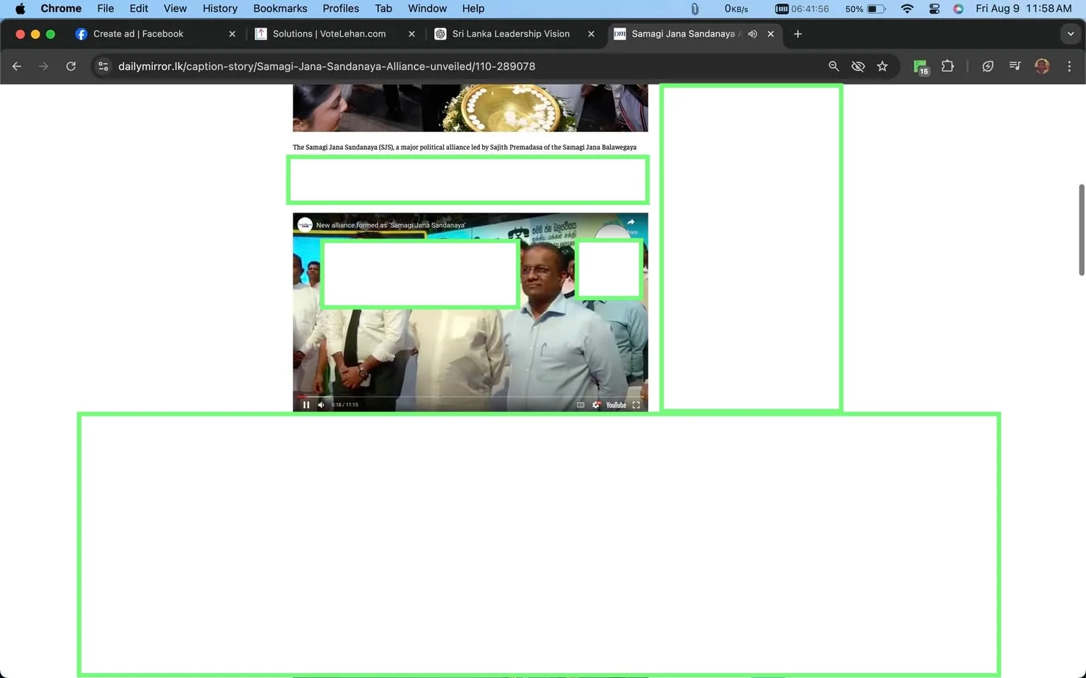 The screenshot is from a web page of the Daily Mirror, a news outlet. The page is titled "Samagi Jana Sandanaya Alliance unveiled" and details the formation of a new political alliance in Sri Lanka. The alliance, known as "Samagi Jana Sandanaya," is led by Sajith Premadasa of the Samagi Jana Balavegaya. The screenshot shows part of a video player with a paused video.
In the video, a group of men, some wearing white shirts and ties, are standing on a stage. The lighting is bright, and a large banner in the background is partially visible, suggesting a formal political event or press conference. One man in a light blue shirt stands out, appearing attentive and serious. The composition suggests a gathering to announce or celebrate the alliance. The presence of text and branding indicates a formal unveiling or press release, consistent with political events.
- Title: "Samagi Jana Sandanaya Alliance unveiled"
- Site / app: "dailymirror.lk"
- Key OCR lines: "New alliance formed as 'Samagi Jana Sandanaya'"
