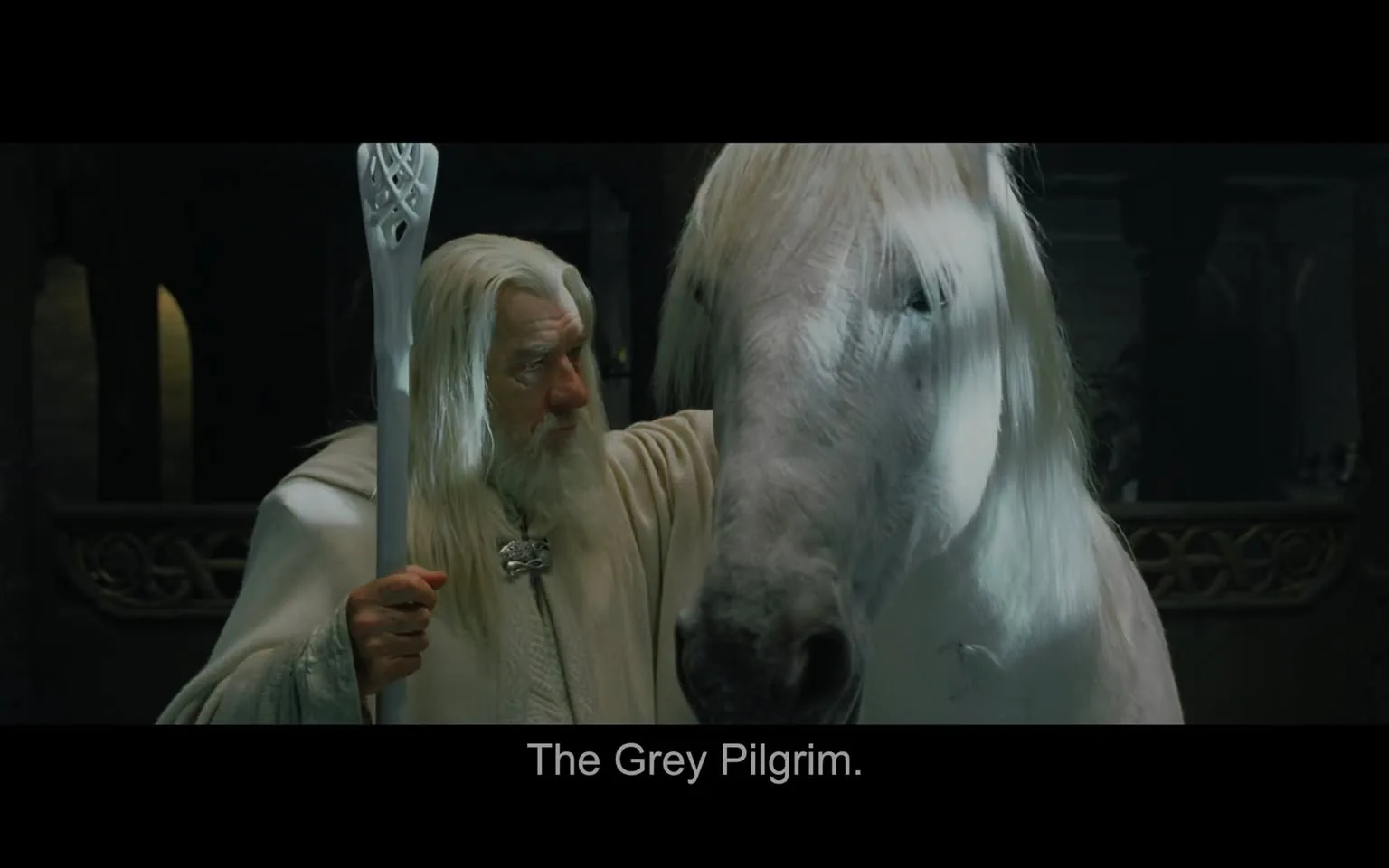In this scene from "Lord of the Rings," Gandalf, a wizard, is depicted standing indoors beside a majestic white horse. Gandalf, dressed in his iconic white robes, holds a staff in his left hand, showcasing his role as a powerful and wise figure. His long white hair and beard add to his mystical aura. The horse, equally prominent in the frame, has a serene and noble demeanor, with its head gently leaning towards Gandalf. The setting appears medieval, with dim lighting that gives a sense of antiquity and mystery. The mood is calm and reflective, suggesting a moment of connection between Gandalf and the horse. The caption "The Grey Pilgrim" is displayed at the bottom, alluding to Gandalf's journey and perhaps his past as Gandalf the Grey. The intricate designs in the background hint at a richly detailed environment characteristic of the fantasy genre.