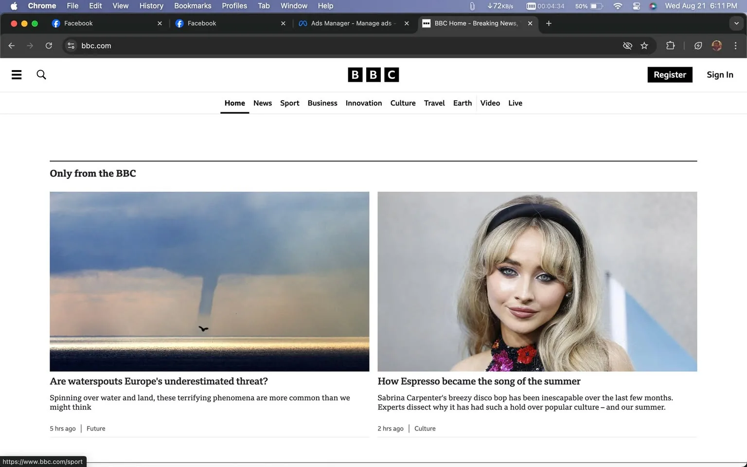 The screenshot shows the homepage of the BBC website as viewed on a browser. The top navigation bar includes sections like Home, News, Sport, Business, Innovation, Culture, Travel, Earth, Video, and Live. There are two main articles featured under the section "Only from the BBC."
The first article on the left is about waterspouts with a dramatic image of a waterspout over the ocean, set against a cloudy sky. The headline reads, "Are waterspouts Europe's underestimated threat?" highlighting the potential danger these phenomena might pose.
The second article on the right discusses music, specifically how Sabrina Carpenter's song "Espresso" became a popular summer hit. The article features a portrait of a woman with blonde hair, wearing a colorful top with a black headband. The caption mentions the song's impact on culture and popularity during the summer.
The website layout is clean and minimalist, focusing on the content. The browser interface shows multiple tabs open, including Facebook and a BBC Home tab. The text at the top-left indicates the site's URL, while the top-right corner shows options to Register and Sign In.
