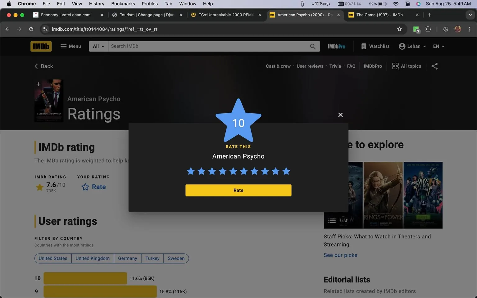 The screenshot is from the IMDb website, specifically showing the ratings page for the movie "American Psycho." In the foreground, there is a pop-up displaying a large blue star with the number "10," indicating a user's rating for the film. The title "American Psycho" is prominently displayed below the star.
In the background, the webpage features IMDb's aggregated ratings information, with the movie's IMDb rating listed as 7.6 out of 10 from 735,000 users. There are options to filter user ratings by country, with tabs for the United States, United Kingdom, Germany, Turkey, and Sweden visible. Percentage and user count data are provided for specific star ratings, illustrating how users have rated the film.
The webpage is styled in IMDb's typical black, white, and yellow color scheme, with the IMDb logo present in the top left corner. The interface includes navigation options such as "Cast & crew," "User reviews," and more. The screenshot is displayed within a browser window, as evident from the browser tabs and address bar visible at the top.