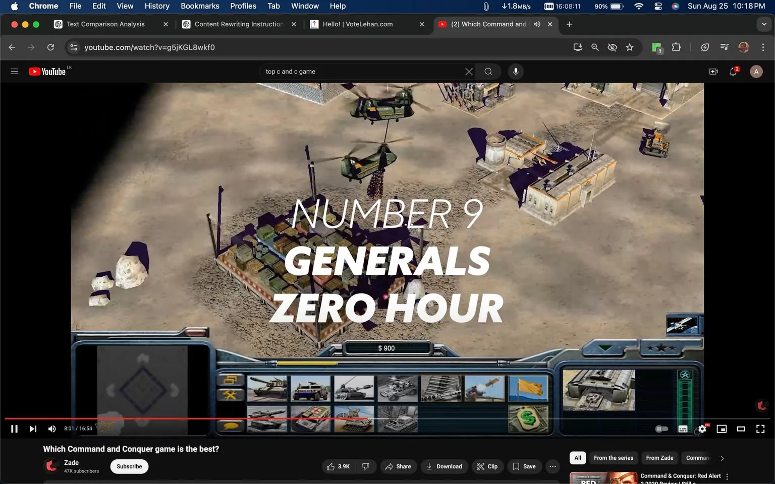 The screenshot is from a YouTube video titled "Which Command and Conquer game is the best?" by the channel "Zade." The image displays gameplay from the video game "Generals Zero Hour," which is ranked as number 9 in the video. The scene shows a strategic game interface with an aerial view of a desert battlefield, featuring military structures and vehicles, including helicopters and tanks. The user interface at the bottom of the screen includes options for selecting different units and buildings, with a visible in-game currency of $900. The setting is a top-down perspective typical of real-time strategy games, with muted desert colors and elements of military architecture. The on-screen text prominently highlights the rank and name of the game in bold white letters.