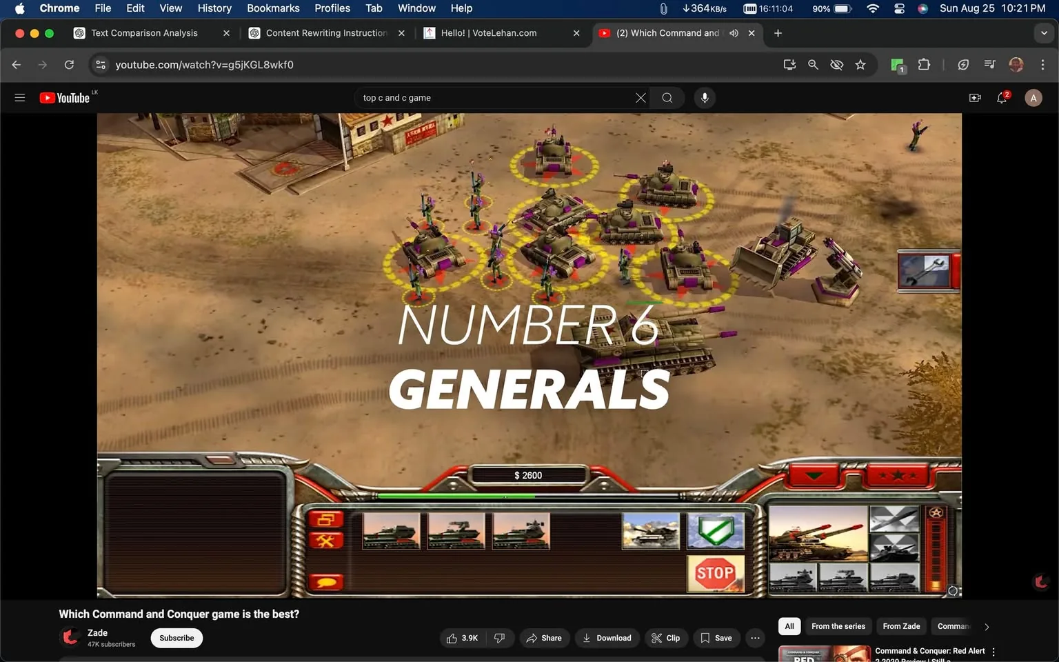 The image is a screenshot from a YouTube video titled "Which Command and Conquer game is the best?" featured on the channel Zade. It showcases gameplay from the game "Generals Zero Hour" by John Salwitz, which is part of the Command and Conquer series. The scene depicts a real-time strategy game interface, where several tanks and military vehicles are highlighted with yellow circles on a desert landscape, indicating selected units. The game interface displays a command bar at the bottom with various controls and unit options, as well as a monetary balance of $2600.
Prominently displayed in the center of the image is the text "NUMBER 6 GENERALS," suggesting this installment is ranked sixth in the list being discussed. The visual design is typical of early 2000s strategy games, characterized by isometric views and detailed, yet somewhat dated, graphics. The palette includes sandy browns and military greens, aligning with the game's war theme. The YouTube interface is visible, with a search bar at the top and video control options below. The image captures a moment in gameplay emphasizing strategy and control, typical of the Command and Conquer series.