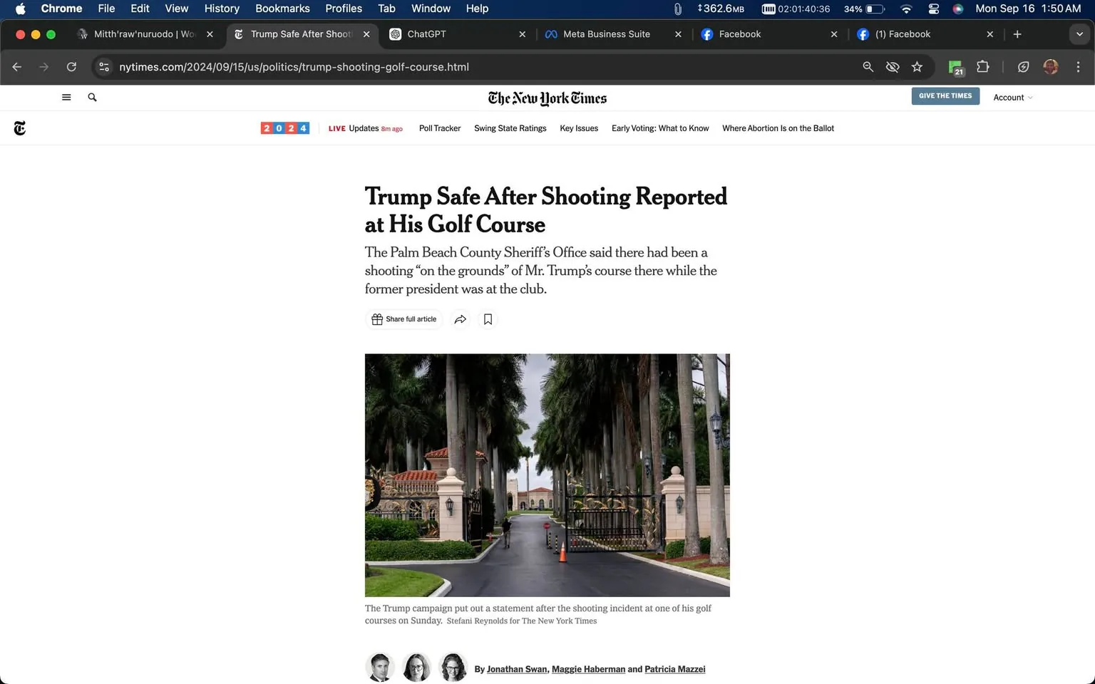 The screenshot displays a news article from The New York Times with the headline, "Trump Safe After Shooting Reported at His Golf Course." The article discusses an incident at a golf course owned by Mr. Trump, where a shooting was reported while the former president was present. The image accompanying the article shows the entrance of a golf course, with a gated drive flanked by tall palm trees leading to a building in the distance. The area appears well-maintained, with trimmed grass and manicured hedges. The mood of the photograph is calm, with no visible signs of the incident mentioned. The article is credited to journalists Jonathan Swan, Maggie Haberman, and Patricia Mazzei. The website interface shows typical elements such as article sharing options and live updates.