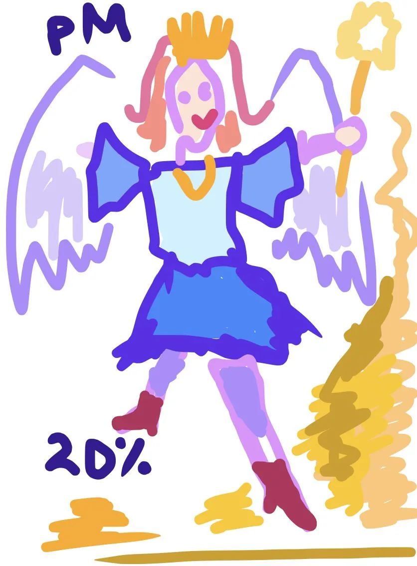 The illustration is a colorful and whimsical fan manga depiction of Sheryl Sandberg as a fairy godmother, created by Lehan Edirisinghe. The character is drawn with a playful style, featuring exaggerated, cartoon-like features. She sports a crown and a bright, flowing dress in shades of blue, accessorized with a golden necklace. Her wings are large and white, suggesting her fairy godmother status.
In her right hand, she holds a wand with a star-shaped top, from which golden sparkles emanate, adding to the magical theme. Her facial expression is cheerful, with a wide smile and pink cheeks. Her hair is a vibrant shade of pink, complementing the overall colorful palette of the drawing.
The background is minimal, focusing the viewer's attention on the central figure. The text "PM" is written in bold, dark letters above her head, and "20%" is positioned near her feet, both in a matching dark hue. The illustration exudes an energetic, positive atmosphere, capturing the fantasy and creativity of fan art.