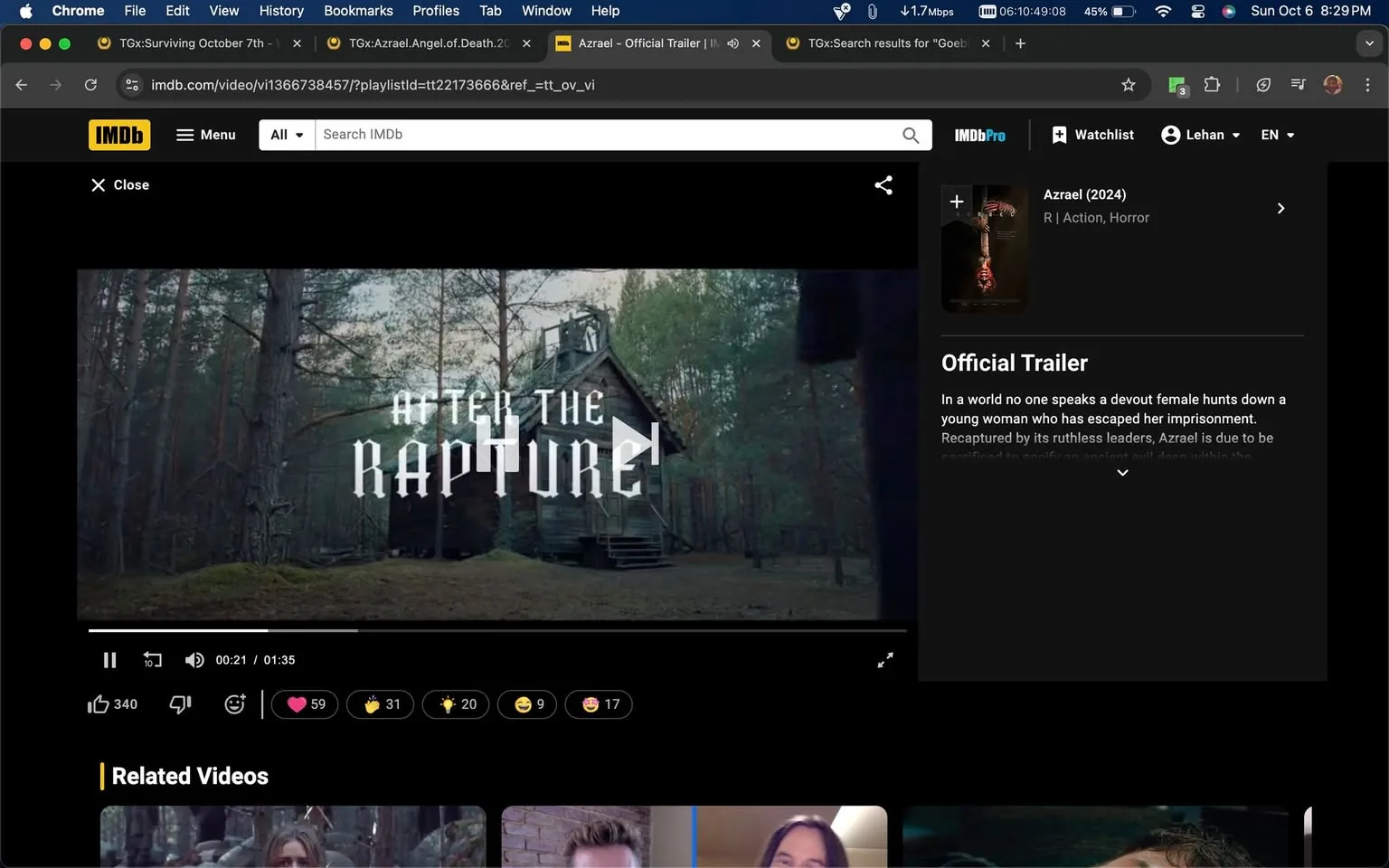 This screenshot is from the IMDb website displaying the official trailer for the film "Azrael" (2024). The central image shows a rustic cabin situated among tall trees, suggesting a remote forest setting. The text "AFTER THE RAPTURE" is prominently displayed over the scene, indicating a thematic or narrative element of the film. On the right, there's a brief synopsis of the film, describing a world where no one speaks, and a devout female hunts down a young woman who has escaped imprisonment.
The visual design of the trailer thumbnail is moody and atmospheric, with subdued colors that create a mysterious and tense ambiance. The player interface shows that the video has garnered various reactions, including likes and dislikes, hinting at audience engagement. Below the main video, related video thumbnails are visible, but they’re not detailed in this image.
- Title: "Azrael - Official Trailer"
- Site / app: "IMDb"
