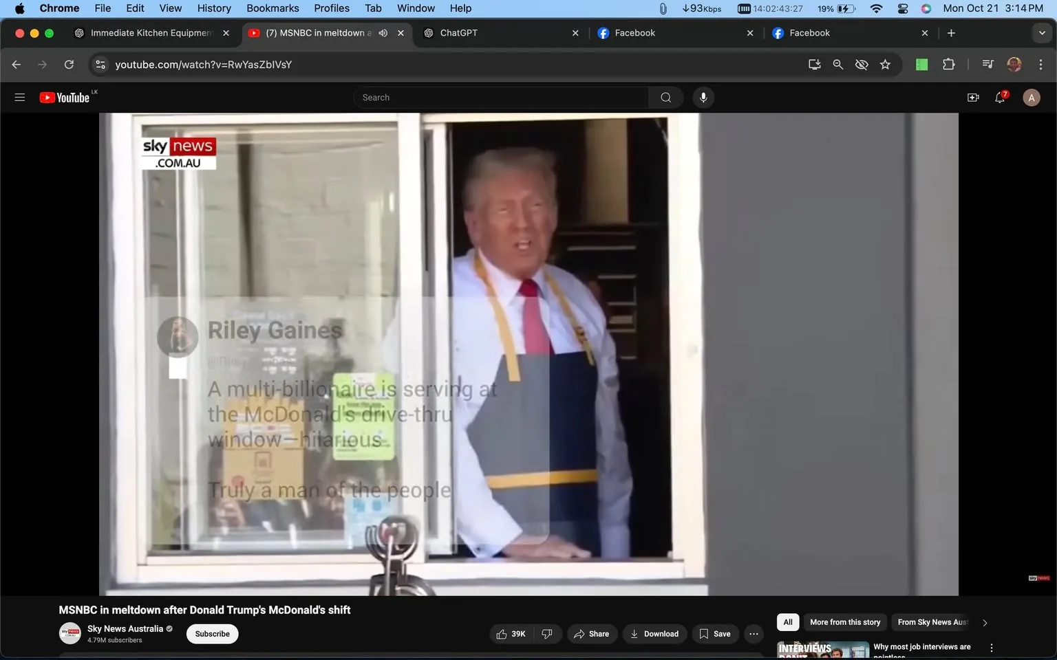 Donald Trump is depicted in this screenshot from a YouTube video titled "MSNBC in meltdown after Donald Trump's McDonald's shift," published by Sky News Australia. Donald Trump is seen standing at a McDonald's drive-thru window, wearing a white shirt with a red tie and a McDonald's apron. The setting is indoors, with him positioned partially outside the window. The expression on his face appears engaged as he looks outwards. The background includes typical fast-food restaurant elements, such as part of the ordering area. Superimposed on the image is a tweet by Riley Gaines, commenting humorously on the scene of a "multi-billionaire" working at a McDonald's drive-thru. The image conveys a light-hearted moment and is framed to highlight Trump's involvement in the activity, capturing a candid and unusual situation involving a prominent figure.
- Title: "MSNBC in meltdown after Donald Trump's McDonald's shift"
- Channel / profile: "Sky News Australia"
- Site / app: "YouTube"