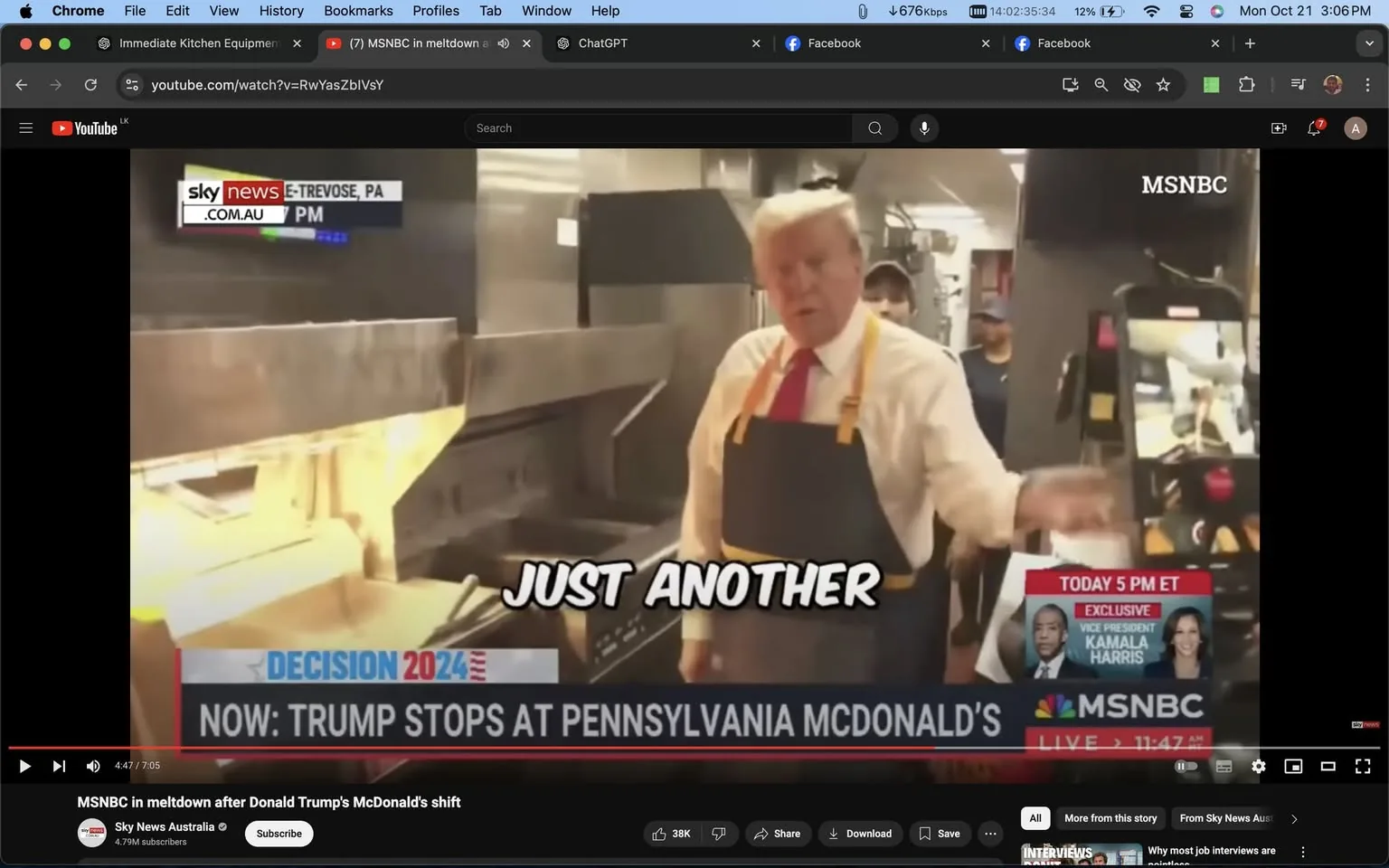 Donald Trump is seen in a McDonald's kitchen, wearing a white shirt, red tie, and a dark apron, suggesting he is participating in a hands-on activity. The setting is bustling, with kitchen equipment visible, indicating a fast-food restaurant environment. The screenshot captures Donald Trump gesturing or speaking, possibly interacting with others nearby, though they are partially obscured.
Text overlays display "Sky News Australia" and "E-TREVOSE, PA," indicating the location. The screen reads "Decision 2024," suggesting a connection to political events. Below, a ticker states, "Now: Trump stops at Pennsylvania McDonald's," highlighting the setting and action. On the right, an MSNBC logo appears along with a schedule for "Today 5 PM ET" featuring "Exclusive" with "Vice President Kamala Harris," indicating related news programming.
The image is part of a YouTube video titled "MSNBC in meltdown after Donald Trump's McDonald's shift," from the channel "Sky News Australia." The caption "Just another" appears over the image, adding a humorous or ironic tone to the scenario. The overall atmosphere combines political, business, and informal elements, capturing an unusual and notable moment involving Donald Trump.