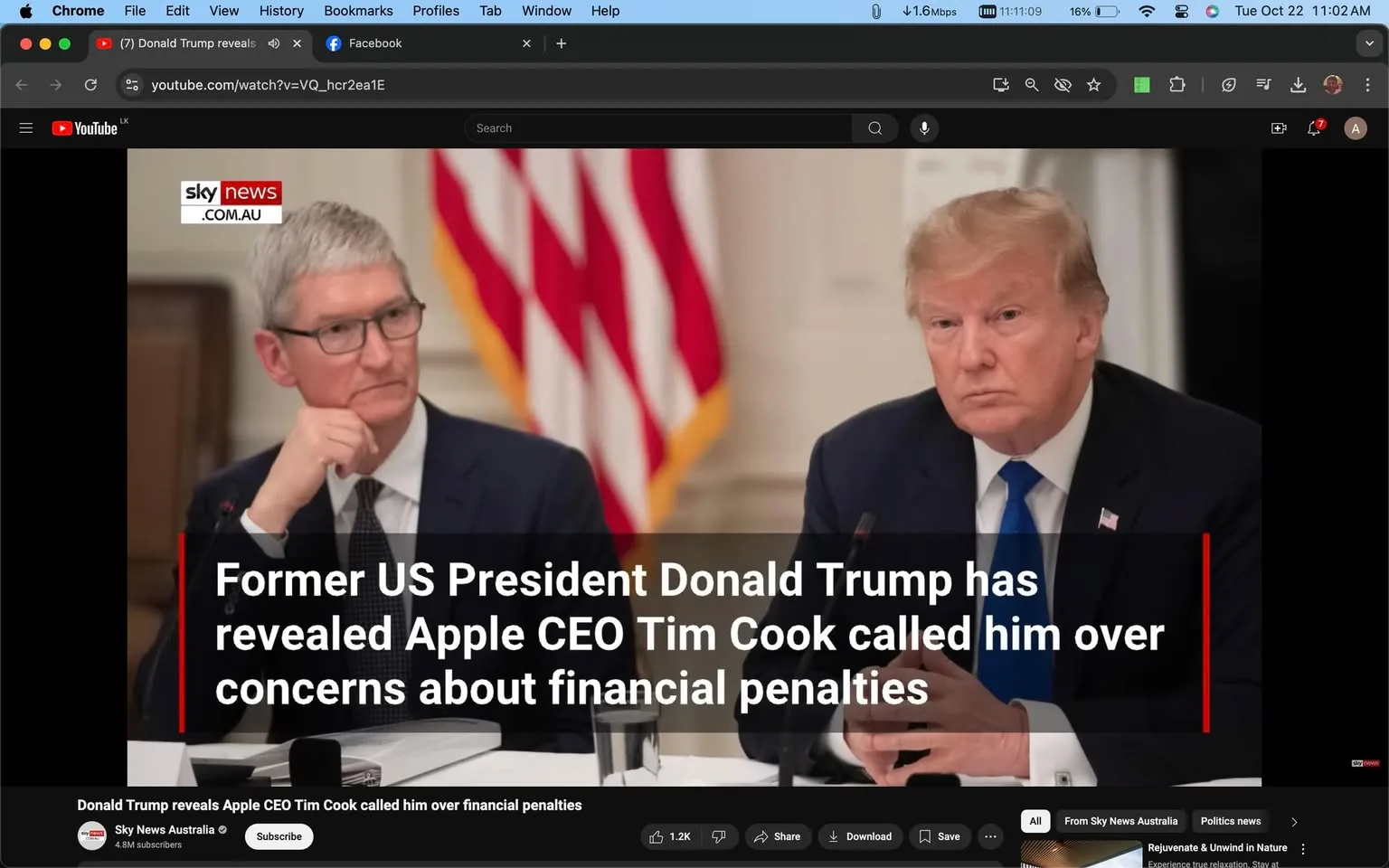 1) Rich description: The image is a screenshot from a YouTube video featuring a discussion between Donald Trump and Tim Cook. Donald Trump, the former US President, is seated on the right. He is dressed in a dark suit jacket, white shirt, and blue tie, looking intently at the camera with a serious expression. To his left is Tim Cook, the CEO of Apple, wearing a dark suit, light shirt, and glasses. He appears thoughtful, with his hand resting on his chin. The setting suggests a formal meeting or discussion, with an American flag visible in the background, indicating a governmental or official context. The image includes text from Sky News Australia, highlighting a revelation that Tim Cook called Donald Trump regarding concerns about financial penalties. The video is from Sky News Australia's YouTube channel. The lighting is bright and evenly distributed, typical of a well-lit meeting room.
2) On-screen text block:
- Title: "Donald Trump reveals Apple CEO Tim Cook called him over financial penalties"
- Channel / profile: "Sky News Australia"
- Site / app: "YouTube"