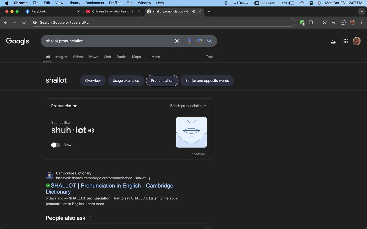 The image is a screenshot of a Google search page displaying the pronunciation of the word "shallot." The search query "shallot pronunciation" is visible in the search bar at the top. This page is viewed in dark mode, giving the background a black appearance with white text. Below the search bar, there's a section titled "Pronunciation," showing that "shallot" sounds like "shuh·lot." A small speaker icon next to the phonetic spelling suggests audio playback capability. Beneath this section, a result from the Cambridge Dictionary is visible with the title "SHALLOT | Pronunciation in English - Cambridge Dictionary," indicating a resource for further pronunciation details. The browser tabs at the top show other open pages, including Facebook and a YouTube video titled "Chicken Satay with Peanut Sauce." The screenshot also reveals a portion of the desktop's menu bar, indicating it's taken on a Mac.