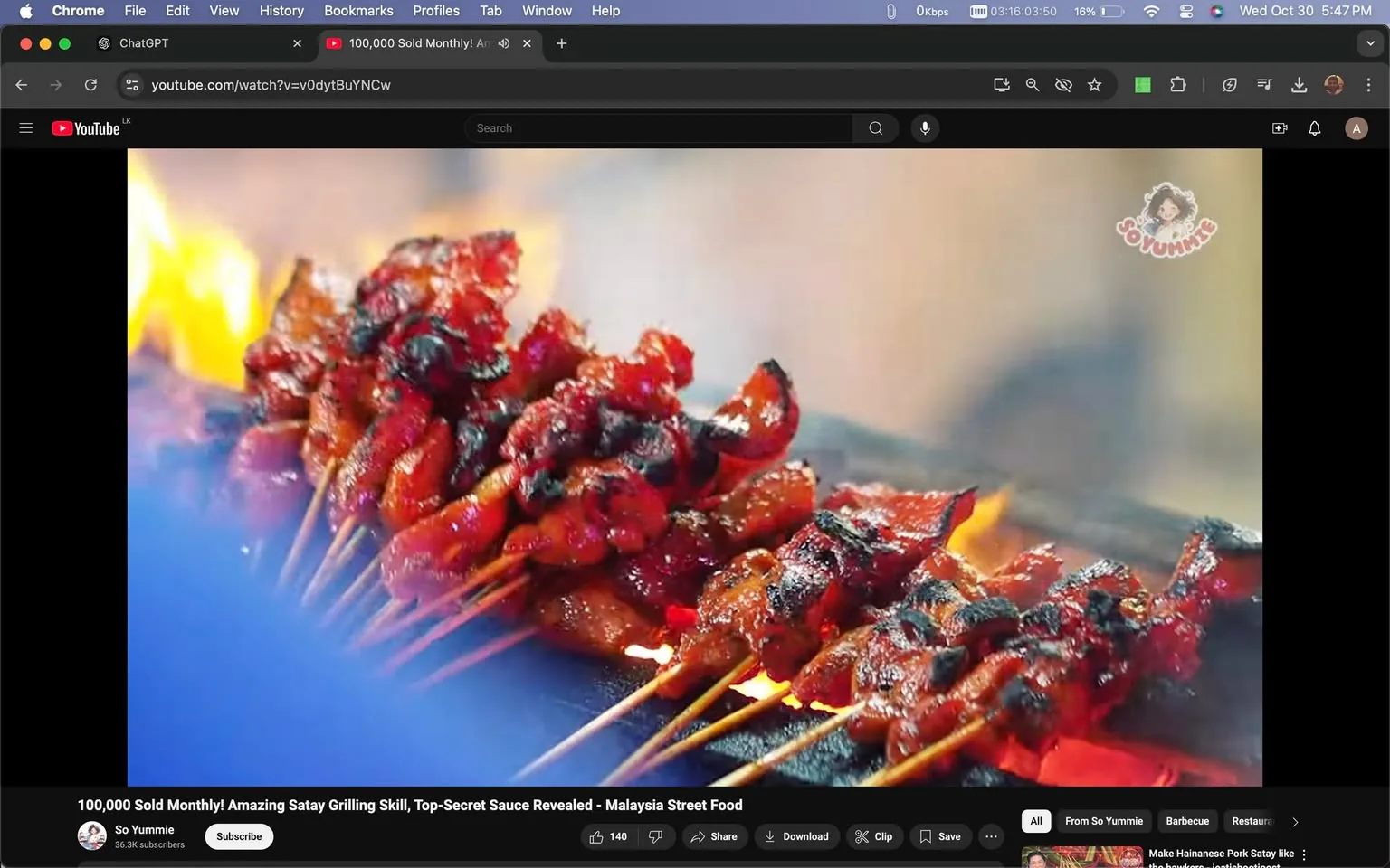 The image is a screenshot from a YouTube video titled "100,000 Sold Monthly! Amazing Satay Grilling Skill, Top-Secret Sauce Revealed - Malaysia Street Food." The video is hosted on the channel "So Yummie," which likely focuses on food content. In the foreground, several skewers of satay are being grilled, displaying a vibrant red hue with a slightly charred texture, indicative of a flavorful marinade and a well-managed grill. Flames and smoke rise around the satay, creating an appetizing and dynamic scene. The background is blurred, focusing attention on the sizzling skewers. The lighting is warm and bright, emphasizing the glossy and juicy appearance of the meat. The screenshot captures the essence of Malaysian street food culture, highlighting the skill involved in grilling satay and the allure of street-side culinary delights. The image also includes the "So Yummie" logo in the top right corner, reinforcing the branding.
- Title: "100,000 Sold Monthly! Amazing Satay Grilling Skill, Top-Secret Sauce Revealed - Malaysia Street Food"
- Channel / profile: "So Yummie"
- Site / app: "YouTube"