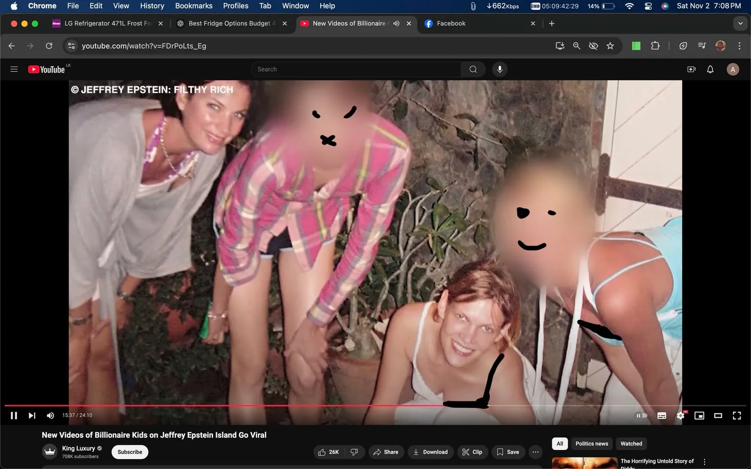 The image is a screenshot from a YouTube video titled "New Videos of Billionaire Kids on Jeffrey Epstein Island Go Viral." It shows a group photo with four individuals who are casually dressed, suggesting a relaxed, informal setting. The background consists of plants and what appears to be a stone wall, indicating an outdoor location, possibly at night given the lighting. The atmosphere seems candid as the individuals are smiling and leaning towards the camera. Two of the faces are blurred with cartoon-like expressions drawn over them, adding a playful yet anonymizing touch.
The text overlay on the image includes a copyright notice for “JEFFREY EPSTEIN: FILTHY RICH,” which indicates the image is related to this work. The YouTube interface elements are visible, including the video title, channel name "King Luxury," and the video progress bar showing it’s at 15:37 of a 24:10 duration. The desktop interface shows multiple tabs open in a web browser, including other unrelated topics like refrigerators and politics news, adding to the everyday context of browsing.