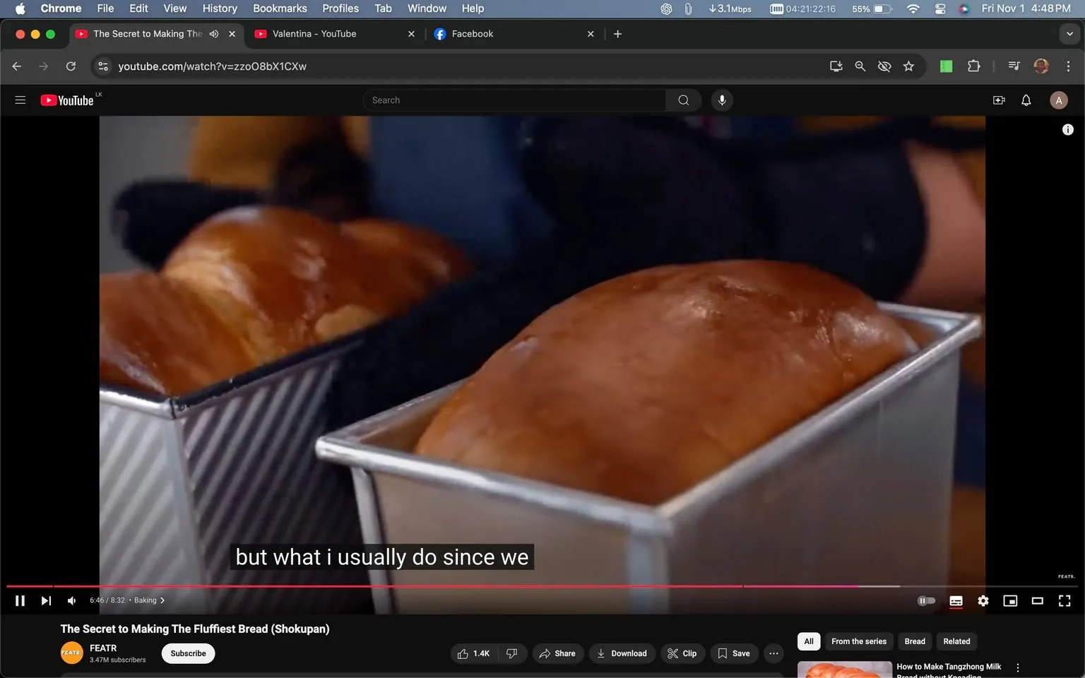 This image is a screenshot from a YouTube video titled "The Secret to Making The Fluffiest Bread (Shokupan)." The channel hosting the video is "FEATR." The scene features a close-up of freshly baked loaves of bread in metal pans, showcasing their golden-brown crusts. The light shines softly on the bread, highlighting their glossy surfaces, likely from a brushed egg wash or similar technique. In the lower part of the screen, YouTube controls are visible, including play/pause and volume buttons. There are also options for liking, sharing, and saving the video. The video timestamp indicates it is at 6 minutes and 46 seconds of a total 8-minute and 32-second runtime. The subtitle on screen reads, "but what i usually do since we," suggesting a continuation of instructions or a personal anecdote from the speaker. The overall setting is a kitchen environment, focusing on the process of baking.