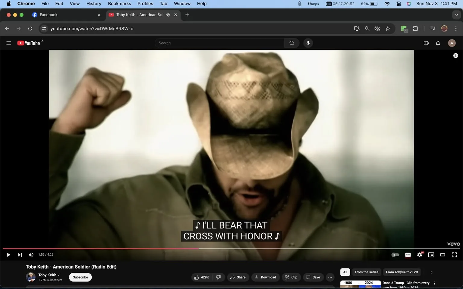 Toby Keith is depicted in a scene from his music video "American Soldier (Radio Edit)" on YouTube. Wearing a broad-brimmed cowboy hat and a casual, olive-green shirt, Toby Keith's posture is assertive, as he raises a fist in a gesture of strength and determination. His head is slightly bowed, adding a solemn, reflective mood to the scene. The lighting is soft and diffuse, giving the image a warm and somewhat nostalgic ambiance. The earthy tones of his attire complement the subdued background, which is out of focus, drawing attention to his expressive gesture and the emotion conveyed in the shot. The video frame captures a moment where the caption reads, "♪ I'LL BEAR THAT CROSS WITH HONOR ♪," matching the themes of patriotism and duty often present in Toby Keith's music. This scene is part of a larger narrative celebrating the resilience and dedication of soldiers, captured in the song's lyrics and visuals.
- Title: "Toby Keith - American Soldier (Radio Edit)"
- Channel / profile: "Toby Keith"
- Site / app: "YouTube"
- Captions / subtitles: "♪ I'LL BEAR THAT CROSS WITH HONOR ♪"
