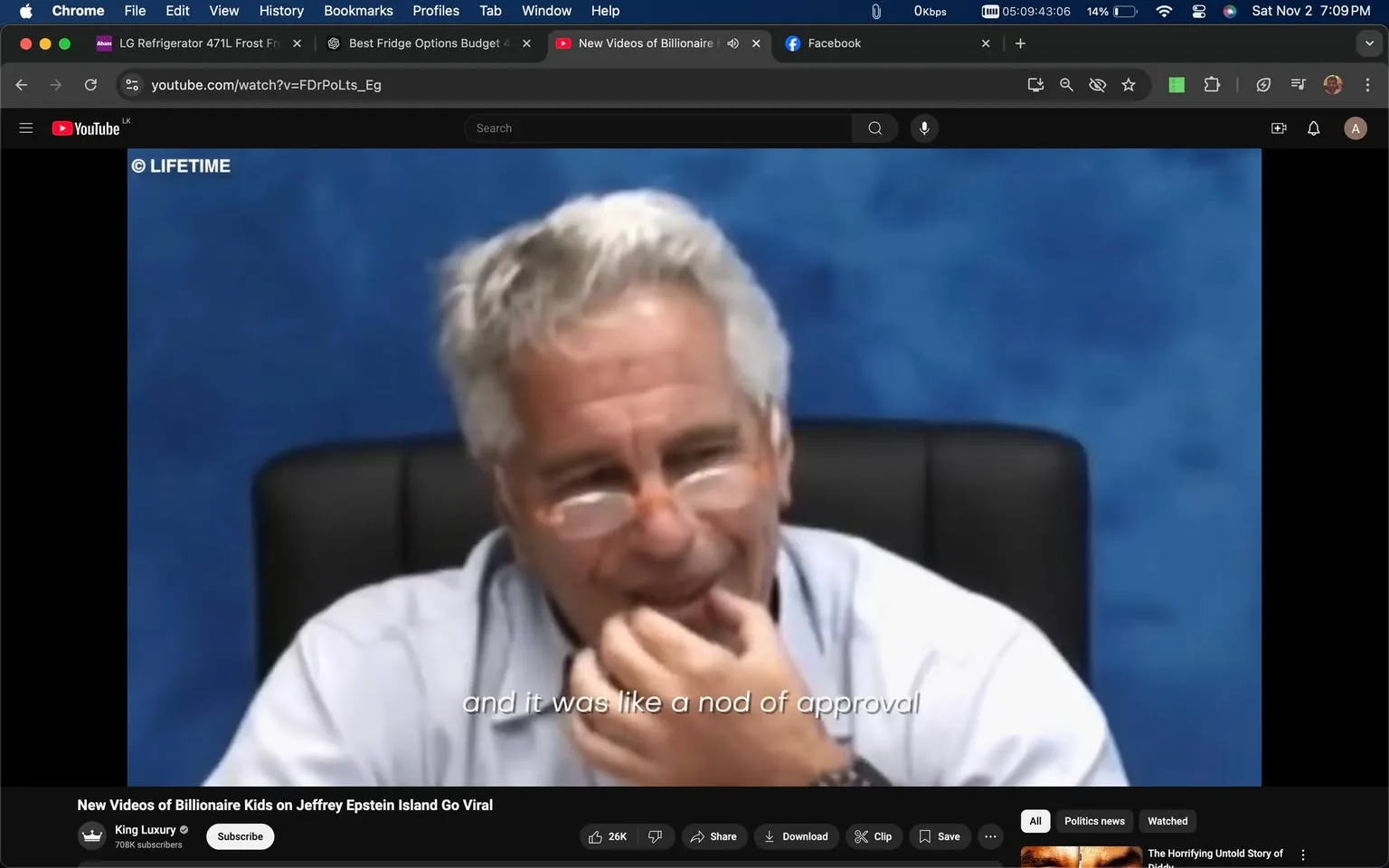 1) Rich description: The image is a screenshot taken from a YouTube video featuring Jeffrey Epstein. He is seated in what appears to be an interview setting. Jeffrey Epstein is wearing a light-colored shirt and glasses, and he is seated at a table or desk. His facial expression shows him with a slight smile, with one hand resting near his mouth, suggesting a contemplative or amused demeanor. The background is a plain blue backdrop, typical of interview or deposition settings. The overall lighting is bright, emphasizing the person's features clearly. The YouTube interface is visible, showing that the video is hosted on the "King Luxury" channel, with a title discussing new videos related to Jeffrey Epstein's island. The video is published by LIFETIME, as indicated in the top left corner of the screen. Subtitles at the bottom read, "and it was like a nod of approval."
2) On-screen text block:
- Title: "New Videos of Billionaire Kids on Jeffrey Epstein Island Go Viral"
- Channel / profile: "King Luxury"
- Site / app: "YouTube"
- Captions / subtitles: "and it was like a nod of approval"