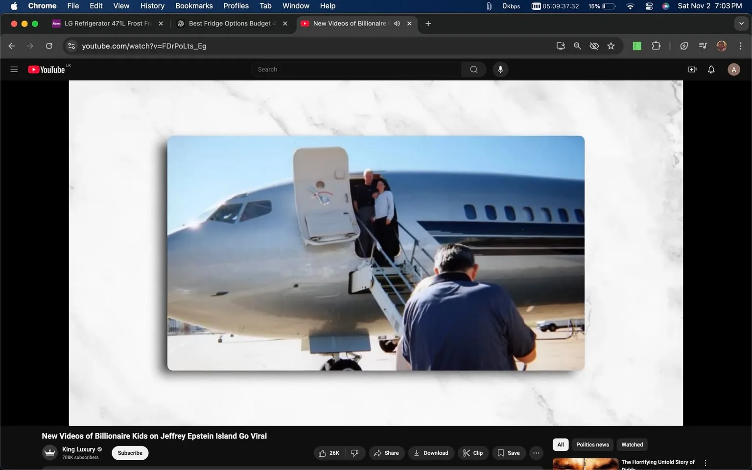 1) Rich description: The image captures a scene at an airport where an aircraft is parked on the tarmac. The center of attention is a private jet with its door open, and two people are visible standing at the top of the stairs leading into the plane. A photographer is positioned at the bottom of the stairs, facing the plane, and appears to be taking a picture of the individuals boarding the aircraft. The scene is set under clear blue skies, which enhances the sharpness and contrast of the image. The jet's metallic surface reflects the daylight, adding a sleek, luxurious feel. The video is titled "New Videos of Billionaire Kids on Jeffrey Epstein Island Go Viral," suggesting the individuals are connected to Jeffrey Epstein, as indicated by the hint provided. The video is from the YouTube channel "King Luxury," which is known for content related to high-profile or luxury topics. The screenshot, focusing on a moment of departure or arrival, emphasizes themes of wealth and exclusivity, with the private jet serving as a symbol of opulence.
2) On-screen text block:
- Title: "New Videos of Billionaire Kids on Jeffrey Epstein Island Go Viral"
- Channel / profile: "King Luxury"
- Site / app: "YouTube"