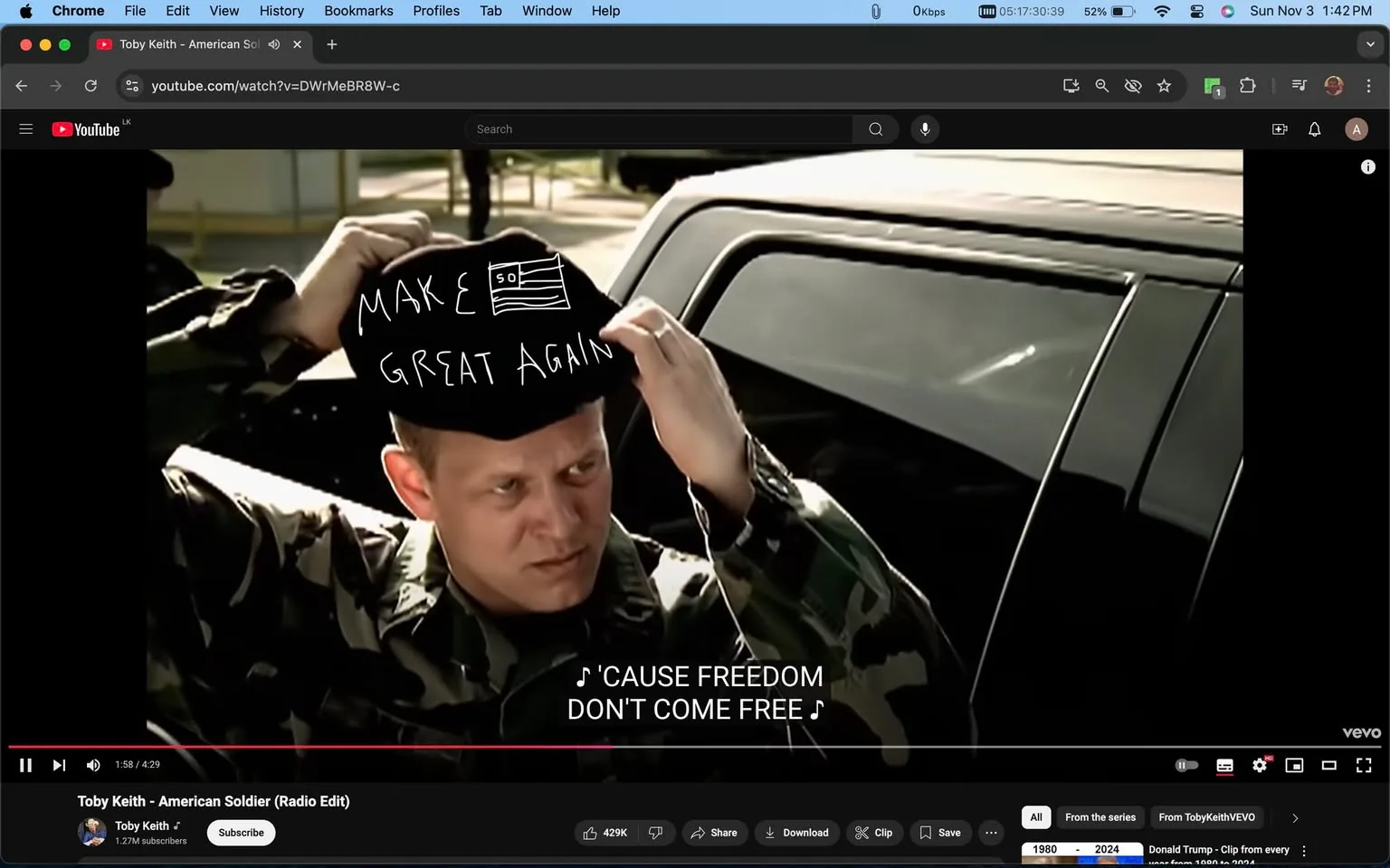 The image is a screenshot from a YouTube video titled "Toby Keith - American Soldier (Radio Edit)" on the Toby Keith channel. It depicts a man wearing a military camouflage uniform, standing beside a vehicle. He is adjusting a hat on his head with the words "MAKE GREAT AGAIN" written on it, which also features a rough drawing of the American flag. The scene suggests a patriotic theme, complementing the song's focus on American soldiers. The lighting is natural, indicating it is daytime, and the setting is outdoors, likely in a parking lot or similar area. The man's expression is serious and focused. The on-screen caption reads "'CAUSE FREEDOM DON'T COME FREE," aligning with the patriotic theme of the song. The video is published by VEVO, as indicated by the logo in the bottom right corner. The composition focuses on the man and the text on his hat, which stands out against the darker colors of his uniform and the vehicle.
- Title: "Toby Keith - American Soldier (Radio Edit)"
- Channel / profile: "Toby Keith"
- Site / app: "YouTube"
- Captions / subtitles: "'CAUSE FREEDOM DON'T COME FREE"