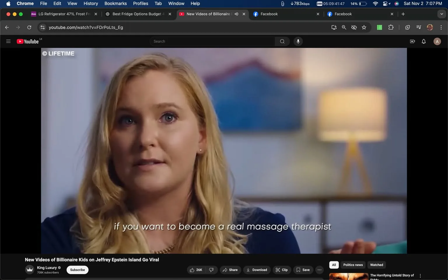 Virginia Giuffre is featured prominently in this YouTube video screenshot from an interview segment. She appears in a close-up shot, with her upper body and face clearly visible, creating an intimate setting. Her expression is serious and thoughtful, underscoring the gravity of the discussion. Virginia has long blonde hair and is wearing a dark top, with subtle makeup enhancing her features. The background is softly out of focus, featuring a blurred lamp and artwork that add warmth to the scene. The Lifetime logo is visible in the upper left corner, indicating the network associated with this content. Subtitles at the bottom of the screen read, “if you want to become a real massage therapist,” likely a part of her narrative in the interview. This visual focuses on Virginia Giuffre sharing her experiences, contributing to the broader topic of discussions around Jeffrey Epstein. The video is part of King Luxury's YouTube channel, and the video title suggests a focus on viral content related to Epstein's island. The setting is well-lit, emphasizing the personal and revealing nature of the interview.
- Title: "New Videos of Billionaire Kids on Jeffrey Epstein Island Go Viral"
- Channel / profile: "King Luxury"
- Site / app: "YouTube"
- Captions / subtitles: "if you want to become a real massage therapist"
