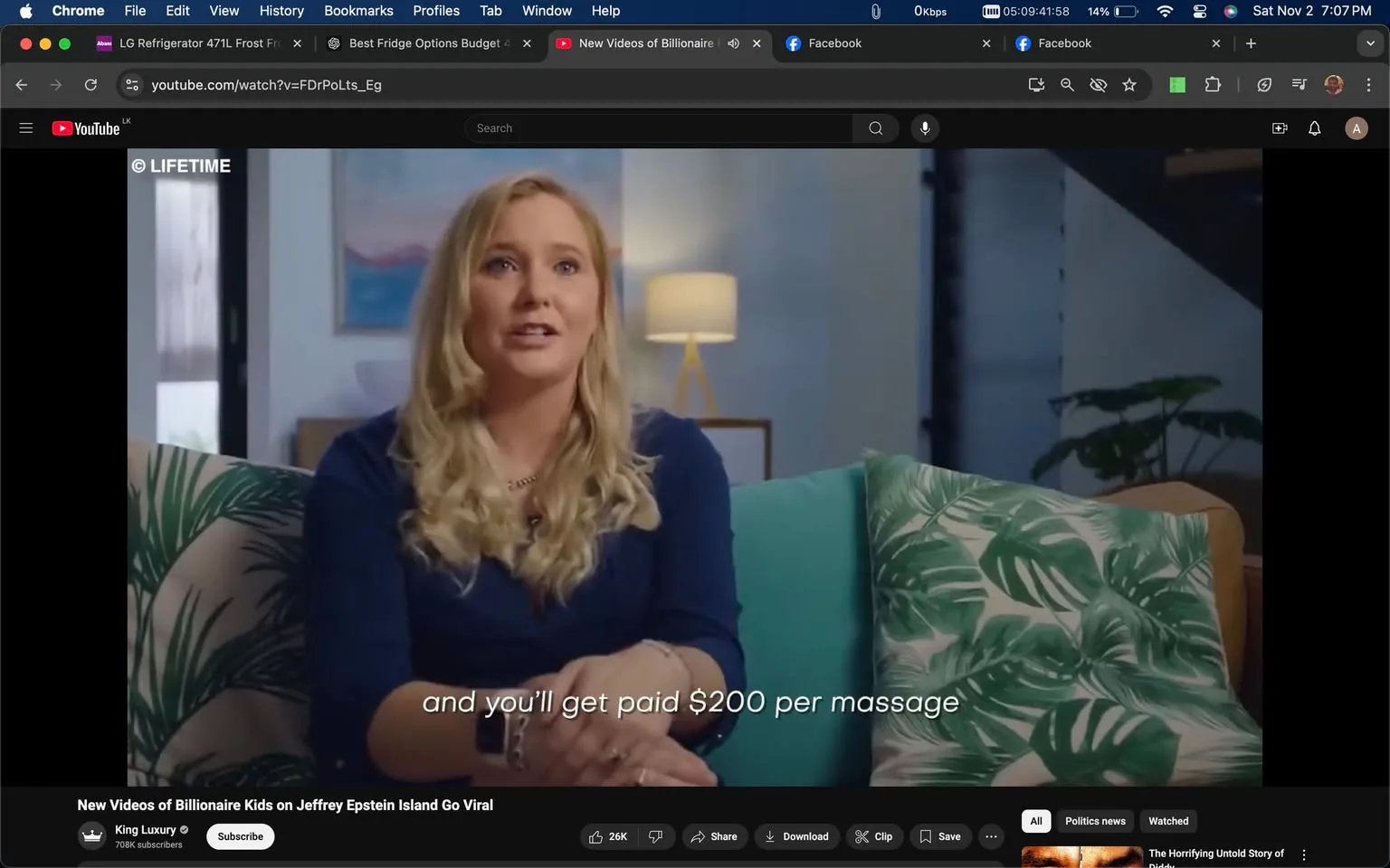 Virginia Giuffre is featured in this screenshot from a YouTube video, where she appears in an interview setting. She is seated on a sofa with green and white leaf-patterned cushions, indicative of a relaxed, domestic environment. Her attire is a dark blue top, and she has long blonde hair cascading over her shoulders, suggesting a composed and thoughtful demeanor. The setting includes a softly lit background with a lamp and a framed picture, emphasizing a warm and intimate atmosphere. Visible on-screen text subtitles display the phrase, “and you’ll get paid $200 per massage,” which points to a specific topic of conversation related to allegations and incidents involving Jeffrey Epstein.
The video is published by LIFETIME, and the screenshot is taken from the YouTube channel "King Luxury." The video is titled "New Videos of Billionaire Kids on Jeffrey Epstein Island Go Viral," suggesting a focus on the scandalous nature of the revelations. The overall composition is centered, with Virginia Giuffre as the focal point, providing an insightful look into her personal account or commentary on the matter. The use of lighting and decor contributes to a scene that is both engaging and visually coherent, aligning with the serious tone of the subject matter.