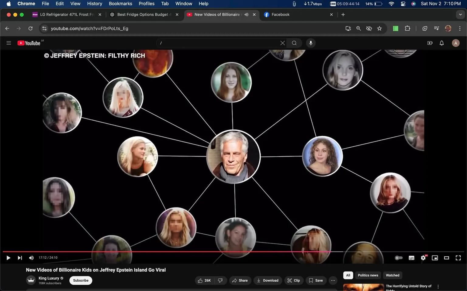1) Rich description: The image is a video frame from YouTube, titled "New Videos of Billionaire Kids on Jeffrey Epstein Island Go Viral," from the channel "King Luxury." The visual displays a network map with Jeffrey Epstein at the center, highlighted in a circular frame. His image is connected through lines to various other individuals, depicted similarly in circular frames. The background is a stark black, emphasizing the white connecting lines and the individuals’ portraits. The central figure, Jeffrey Epstein, is positioned slightly off-center, smiling, with a neutral expression. The surrounding images include various people, some of whose faces are pixelated, indicating anonymization. The style suggests a documentary format, aiming to illustrate connections between Jeffrey Epstein and these individuals. The title of the related work "JEFFREY EPSTEIN: FILTHY RICH" is displayed at the top, signifying the documentary source of this content.
2) On-screen text block:
- Title: "New Videos of Billionaire Kids on Jeffrey Epstein Island Go Viral"
- Channel / profile: "King Luxury"
- Site / app: "YouTube"