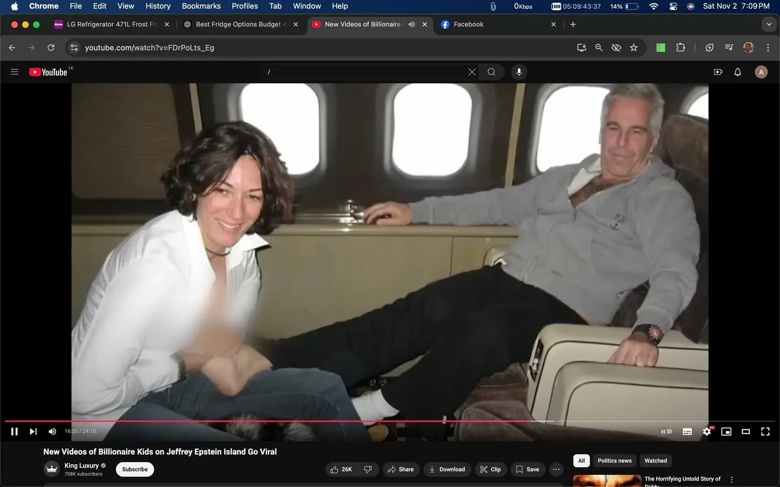 In this YouTube screenshot, the setting is inside what appears to be a private jet. The interior has a luxurious feel, with comfortable seating and several windows visible in the background. Jeffrey Epstein is seated on the right, wearing a grey hoodie and black pants. He is reclining comfortably with one leg crossed over the other. His expression is relaxed, and he is slightly leaning back into his seat.
To the left, another person is seated in casual attire, wearing a white shirt. This person appears to be interacting in a friendly manner, possibly with Epstein, though the exact details are obscured. The overall mood is informal and relaxed, indicative of a private and possibly exclusive environment. The lighting is soft, suggesting a daytime setting, with natural light filtering through the airplane windows. This image is part of a YouTube video titled "New Videos of Billionaire Kids on Jeffrey Epstein Island Go Viral," hosted on the channel "King Luxury," which boasts 709K subscribers.
- Title: "New Videos of Billionaire Kids on Jeffrey Epstein Island Go Viral"
- Channel / profile: "King Luxury"
- Site / app: "YouTube"