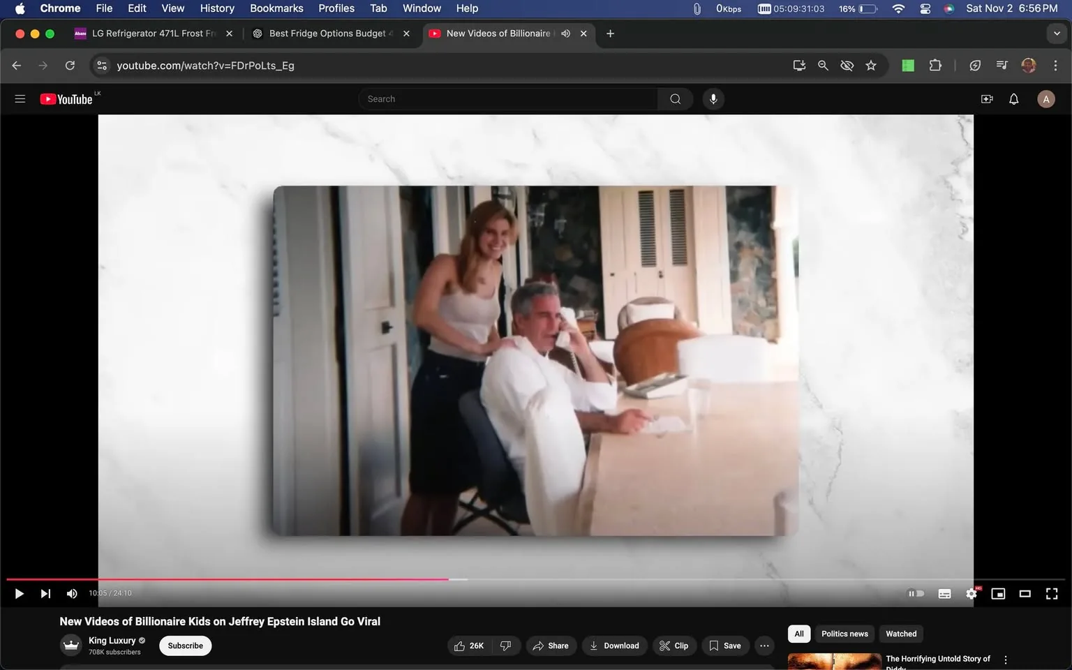 The screenshot captures a YouTube video titled "New Videos of Billionaire Kids on Jeffrey Epstein Island Go Viral," uploaded by the channel "King Luxury." The image prominently features Jeffrey Epstein sitting at a table, appearing to be in a relaxed, informal setting. He is casually dressed in a white shirt, seated on a folding chair, and appears engaged in a conversation via a phone held to his ear. Beside him, Virginia Giuffre is standing with a gentle smile, wearing a white tank top and black skirt. The environment suggests an indoor or patio setting with light-colored walls and a marble or similar textured table surface. The background shows doors and wicker chairs, giving a sense of an upscale, tropical location, aligning with the context of Epstein's island. Overall, the scene conveys a sense of casual intimacy, with lighting that is soft and natural, suggesting daylight. The on-screen text includes visible browser tabs and the video player controls, indicating this is a screenshot from an active YouTube browser session.
- Title: "New Videos of Billionaire Kids on Jeffrey Epstein Island Go Viral"
- Channel / profile: "King Luxury"
- Site / app: "YouTube"