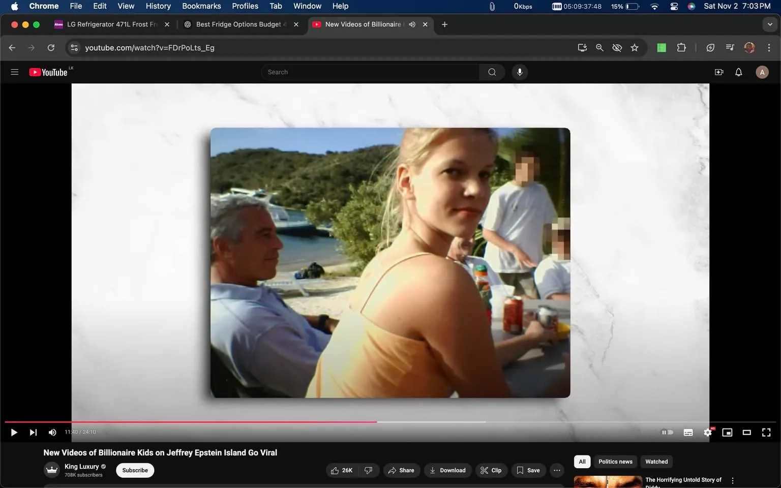 1) Rich description: The image is a screenshot from a YouTube video titled "New Videos of Billionaire Kids on Jeffrey Epstein Island Go Viral," hosted on the King Luxury channel. It features a group of people seated outdoors near a body of water, suggesting a beach or island setting. One individual, identified by the hint as Jeffrey Epstein, is seated to the left, wearing a light-colored shirt and appearing relaxed. In the foreground, a woman with blonde hair is turning towards the camera, wearing a light orange top. Her expression is neutral as she sits at a table with drinks and food. Behind her, other individuals are present, with some faces blurred, possibly for privacy. The background includes boats and lush greenery, indicating a scenic and possibly exclusive location. The lighting is bright and natural, typical of a sunny day.
2) On-screen text block:
- Title: "New Videos of Billionaire Kids on Jeffrey Epstein Island Go Viral"
- Channel / profile: "King Luxury"
- Site / app: "YouTube"