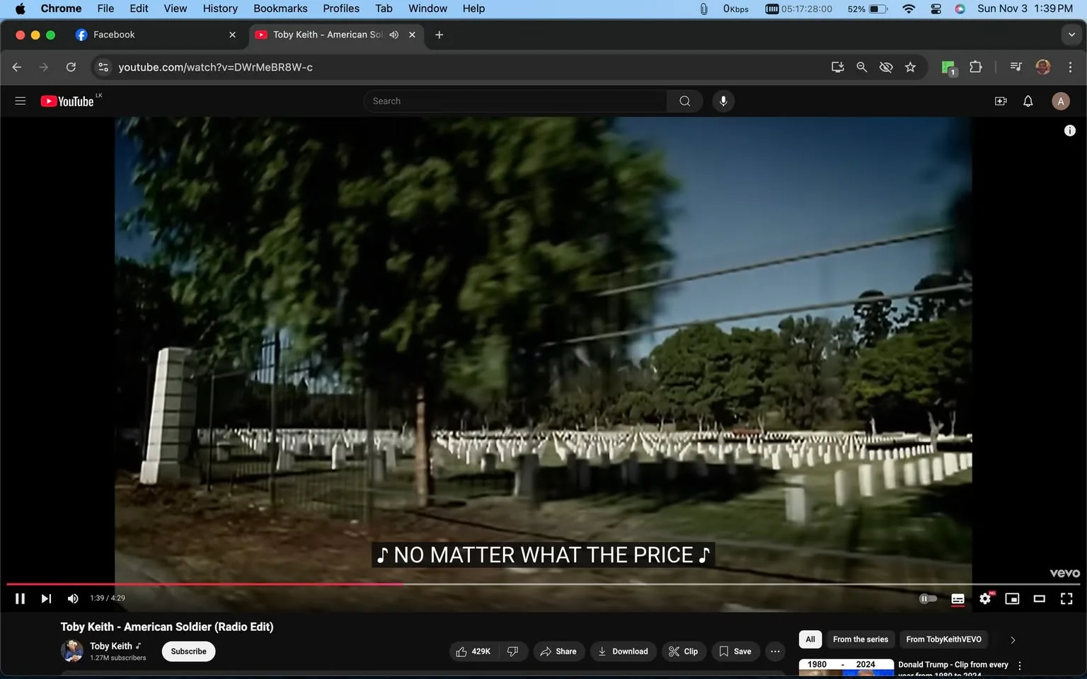The image is a screenshot from a YouTube video titled "Toby Keith - American Soldier (Radio Edit)" on the Toby Keith channel. The scene shows a cemetery, likely a military one, with rows of white headstones stretching into the distance. The setting is outdoors during the daytime, with clear skies and green trees providing a contrasting backdrop to the solemn rows of headstones. The caption at the bottom reads "NO MATTER WHAT THE PRICE," which appears to be part of the song's lyrics, adding emotional weight to the visual of the cemetery. This scene likely represents themes of sacrifice and patriotism, fitting the context of the song "American Soldier." The composition highlights the vastness and uniformity of the headstones, suggesting a sense of honor and remembrance. The overall mood is respectful and contemplative.
- Title: "Toby Keith - American Soldier (Radio Edit)"
- Channel / profile: "Toby Keith"
- Site / app: "YouTube"
- Captions / subtitles: "NO MATTER WHAT THE PRICE"