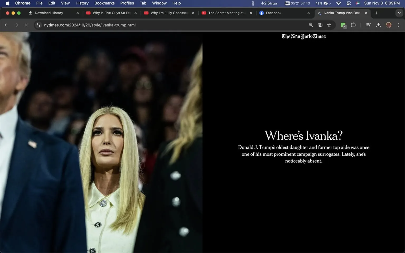 Ivanka Kushner Trump is prominently featured in this image from a New York Times article titled "Where’s Ivanka?" The image shows her standing among a crowd, likely at a formal event or political rally, suggested by the presence of people dressed in formal attire. Ivanka Kushner Trump is positioned in the center, appearing thoughtful and focused, with a neutral expression. Her long blonde hair is styled straight, and she is wearing a light-colored coat with dark buttons, adding to her composed and professional appearance.
The background is blurred, suggesting the presence of a crowd, but details are indistinct, drawing attention toward Ivanka. The lighting is dim, typical of indoor event settings, highlighting her face against the darker backdrop. To the left, a person in a suit is partially visible, hinting at the formal nature of the gathering.
The text on the right side of the screen discusses her past role as one of Donald J. Trump's prominent campaign surrogates and notes her recent absence. The New York Times branding is visible at the top, emphasizing the source and credibility of the article. The overall composition underscores a sense of inquiry and intrigue regarding her current absence from the public eye.
- Title: "Where’s Ivanka?"
- Site / app: "nytimes.com"