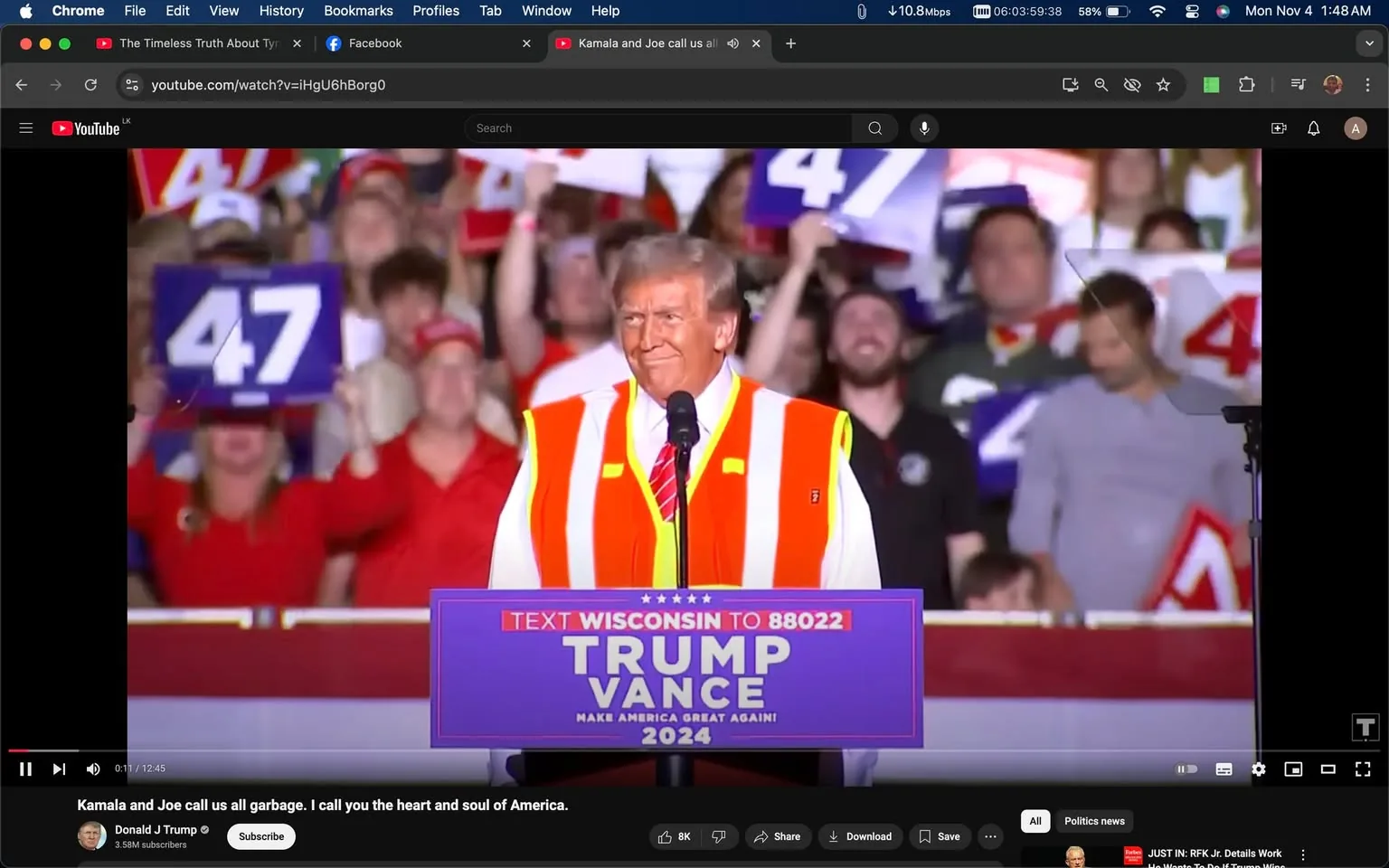 Donald Trump is seen speaking at a rally, captured in a screenshot from a YouTube video. He stands at a podium adorned with a bright purple sign that reads, “TEXT WISCONSIN TO 88022, TRUMP VANCE, MAKE AMERICA GREAT AGAIN! 2024.” He is wearing a white shirt with a red tie and an orange safety vest, smiling as he addresses the audience. The background is filled with a lively crowd, many holding signs with the number "47" prominently displayed.
The setting suggests an outdoor political rally, with Donald Trump as the central figure on stage. His expression appears confident and engaging, likely addressing supporters. The lighting is bright, highlighting his presence and the colorful attire of the crowd. The platform is branded with campaign slogans, emphasizing the political nature of the event. This image captures the atmosphere of a campaign gathering, with supporters visibly enthusiastic in the background.
- Title: "Kamala and Joe call us all garbage. I call you the heart and soul of America."
- Channel / profile: "Donald J Trump"
- Site / app: "YouTube"